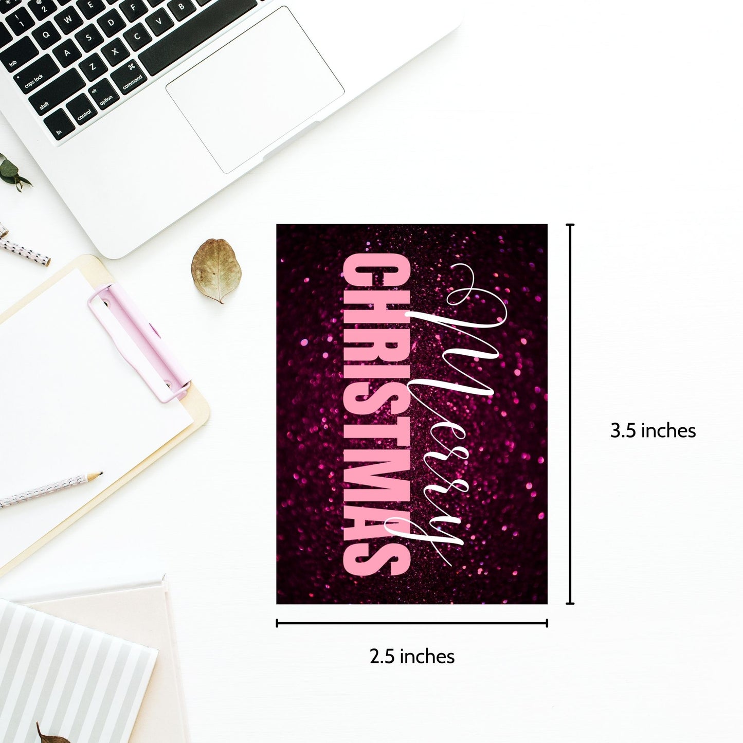Printable pink and magenta Christmas gift tags featuring a glittery magenta background with light pink "Merry Christmas" text, sized 2.5 x 3.5 inches, 8 tags per sheet.