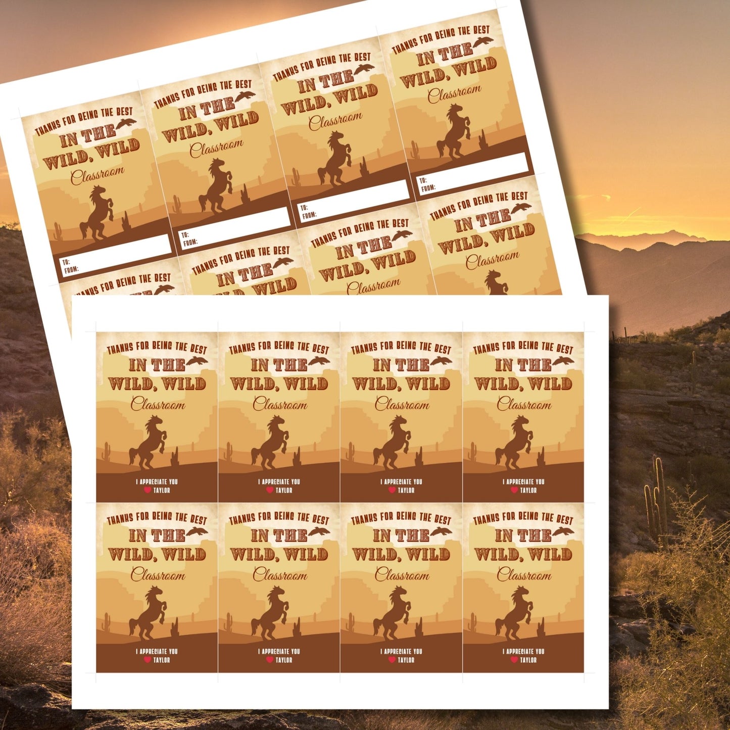 Western-themed teacher appreciation gift tags, sized 2.5 x 3.5 inches, with cowboy hat, boots, and lasso designs, laid out 8 per sheet on an 8.5 x 11-inch printable page. Includes editable Canva template for personalization.
