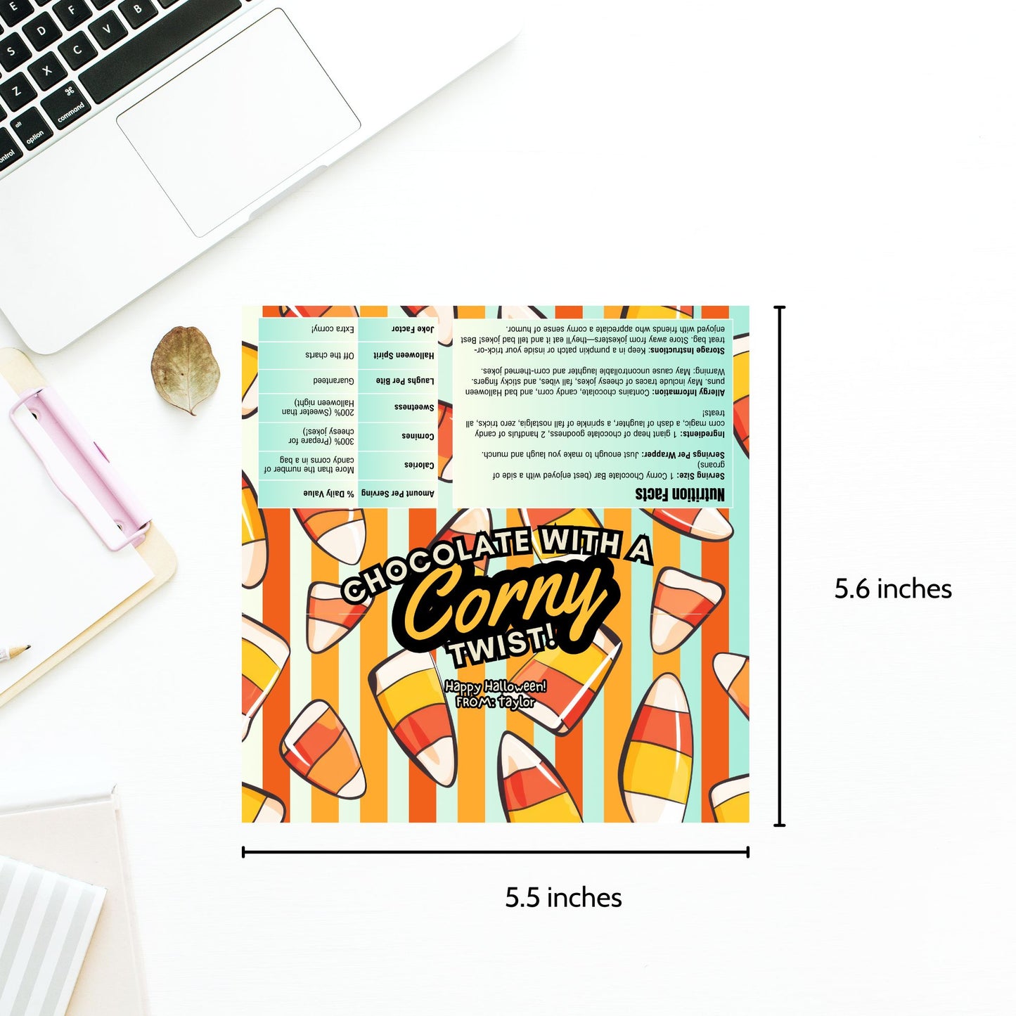 Printable and editable candy corn-themed Halloween chocolate bar wrapper featuring candy corn graphics and colorful stripes, perfect for trick-or-treat and Halloween parties.