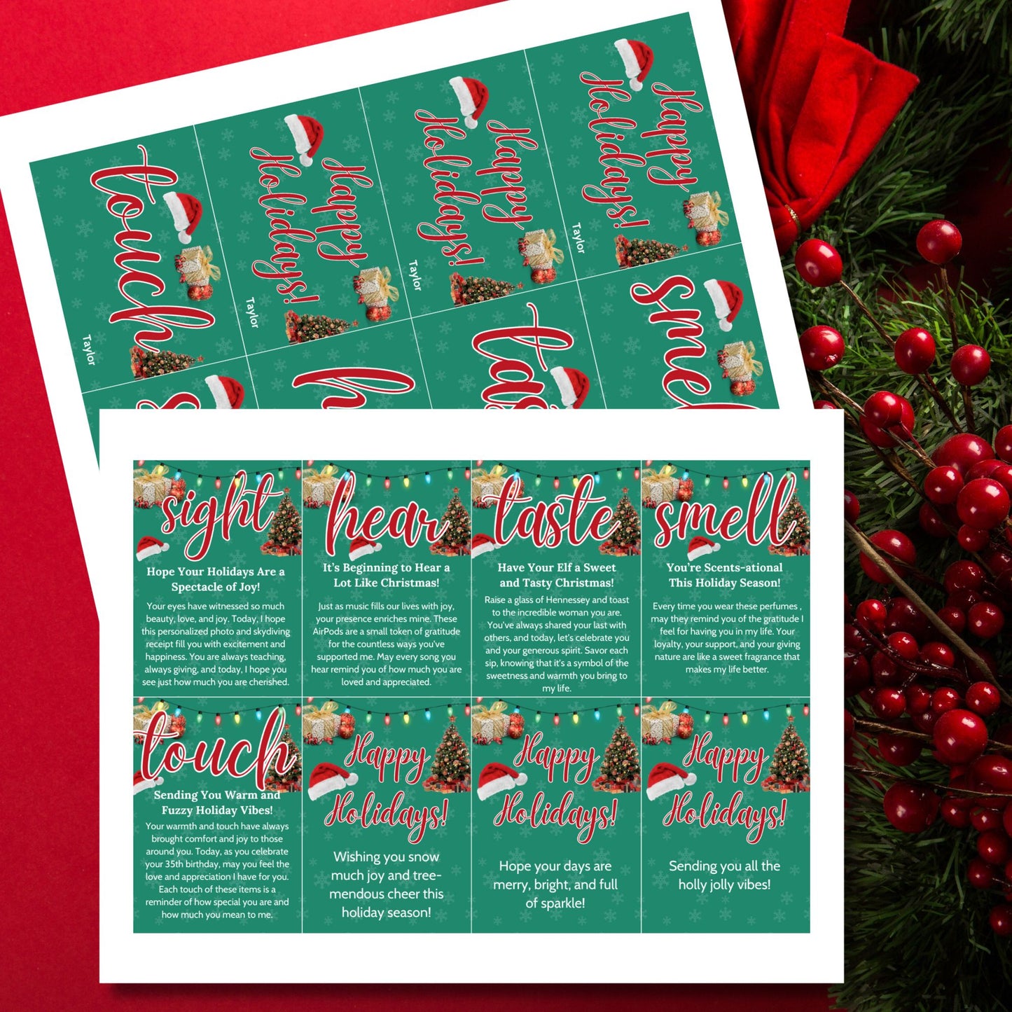 Festive holiday 5 Senses Gift Tags featuring Santa hats, Christmas trees, and snowflakes. Ideal for teachers, nurses, employees, and more. Includes an editable Canva template with personalized descriptions. Double-sided and perfect for spreading holiday cheer!