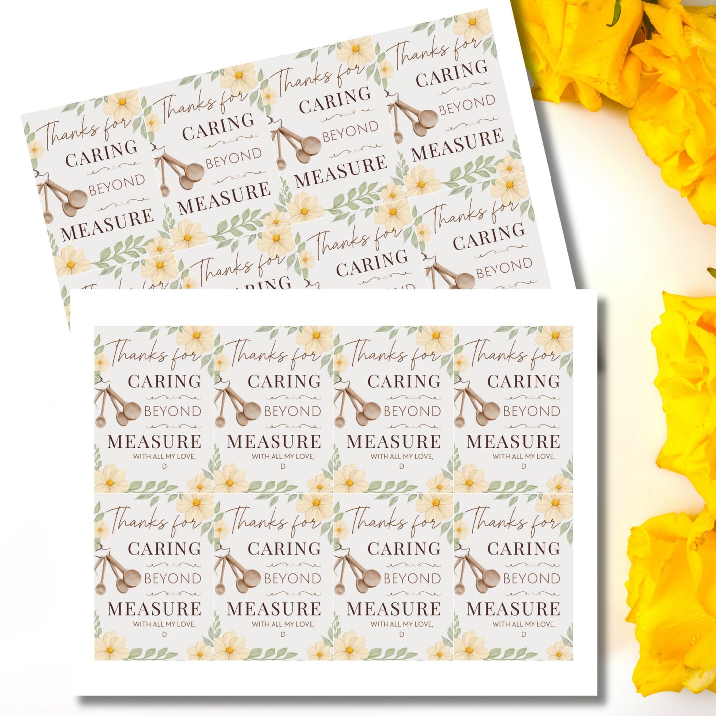 Printable and editable “Thanks for Caring Beyond Measure” gift tag with kitchen theme – perfect for caregivers, nurses, and appreciation gifts.