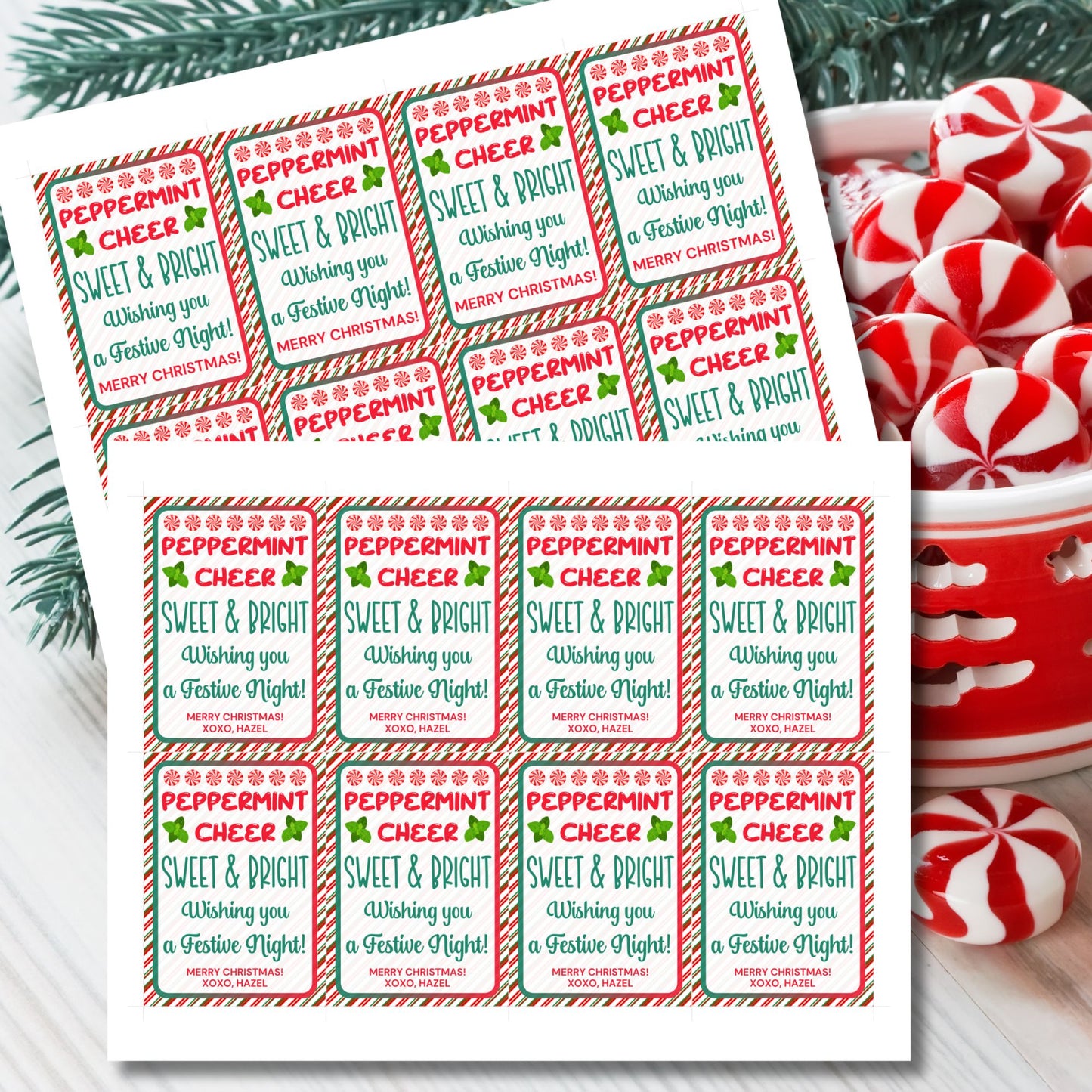 Printable Christmas gift tags with the message 'Peppermint Cheer, Sweet & Bright,' featuring a candy cane border and festive holiday design. Perfect for peppermint or candy cane gifts.
