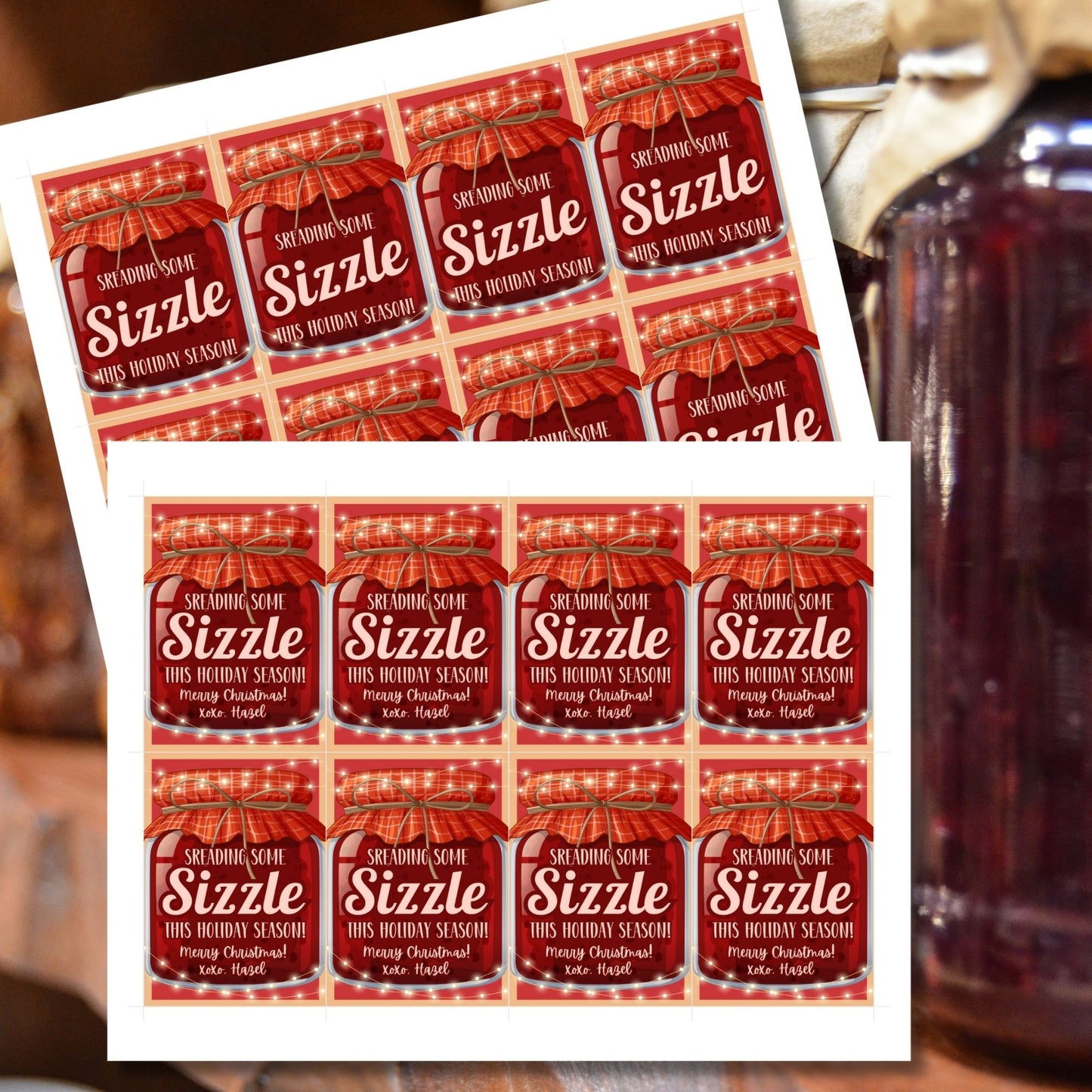 Printable "Spreading Some Sizzle This Holiday Season!" gift tags with a festive jar design, perfect for bourbon bacon jam or any spreadable treat. Includes printable PDF and editable Canva template.
