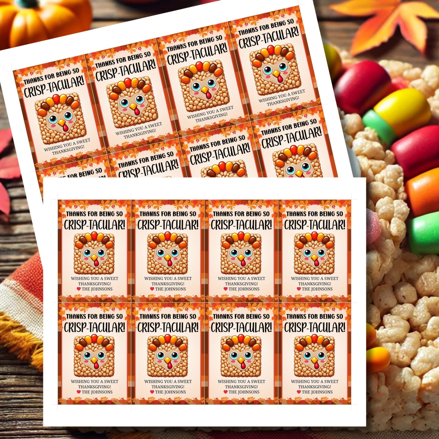 Printable Thanksgiving gift tags with a Rice Krispie turkey illustration and the message 'Thanks for Being So Crisp-tacular!' surrounded by a festive autumn border. Ideal for sweet holiday treats and gifts.