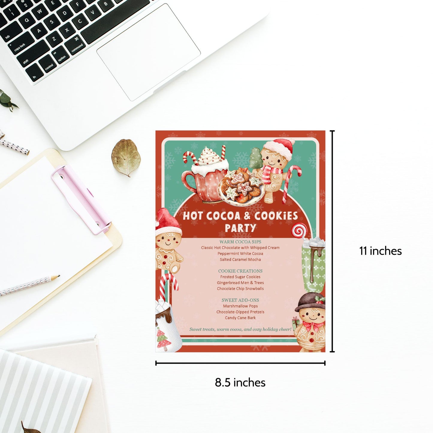 Christmas-themed party invitation with dimensions displayed on a desk.
