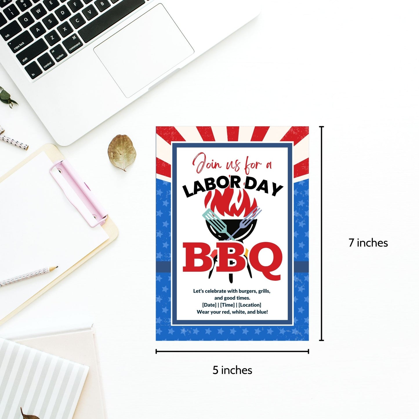 Patriotic-themed Labor Day BBQ invitation with red, white, and blue design, featuring grilling utensils and a bold BBQ title.