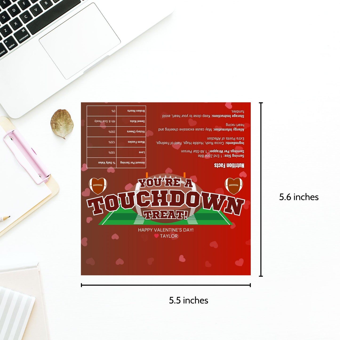 A football-themed Valentineās Day chocolate bar wrapper featuring the phrase "You're a Touchdown Treat!" with a festive football field background, heart-shaped football icons, and a fun, sporty design. Perfect for teammates, coaches, and football fans!
