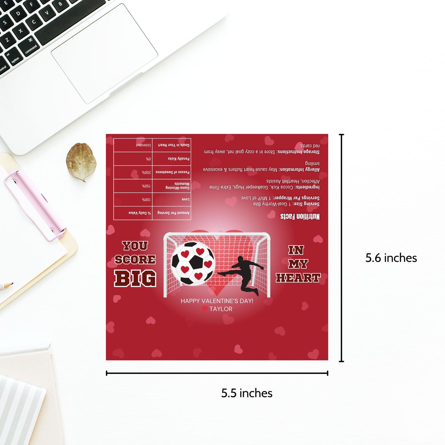 A soccer-themed Valentine’s Day chocolate bar wrapper featuring the phrase "You Score Big in My Heart!" with a festive red background, heart-shaped soccer ball, and a goal scene with a silhouette player. Perfect for teammates, coaches, and soccer fans!