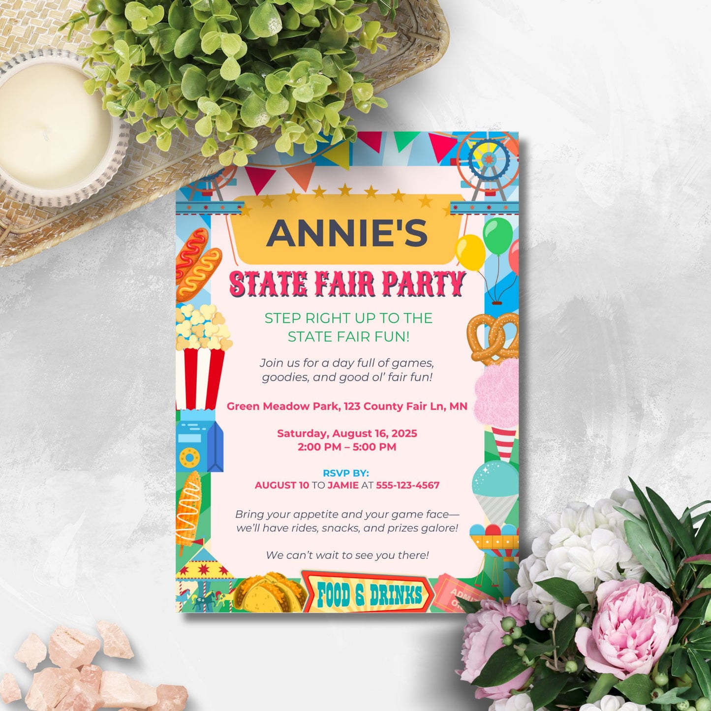 Editable State Fair Party Invitation with Ferris wheels, popcorn, cotton candy, hot dogs, and colorful fair elements; 5x7 Canva template printable for birthdays or summer events.