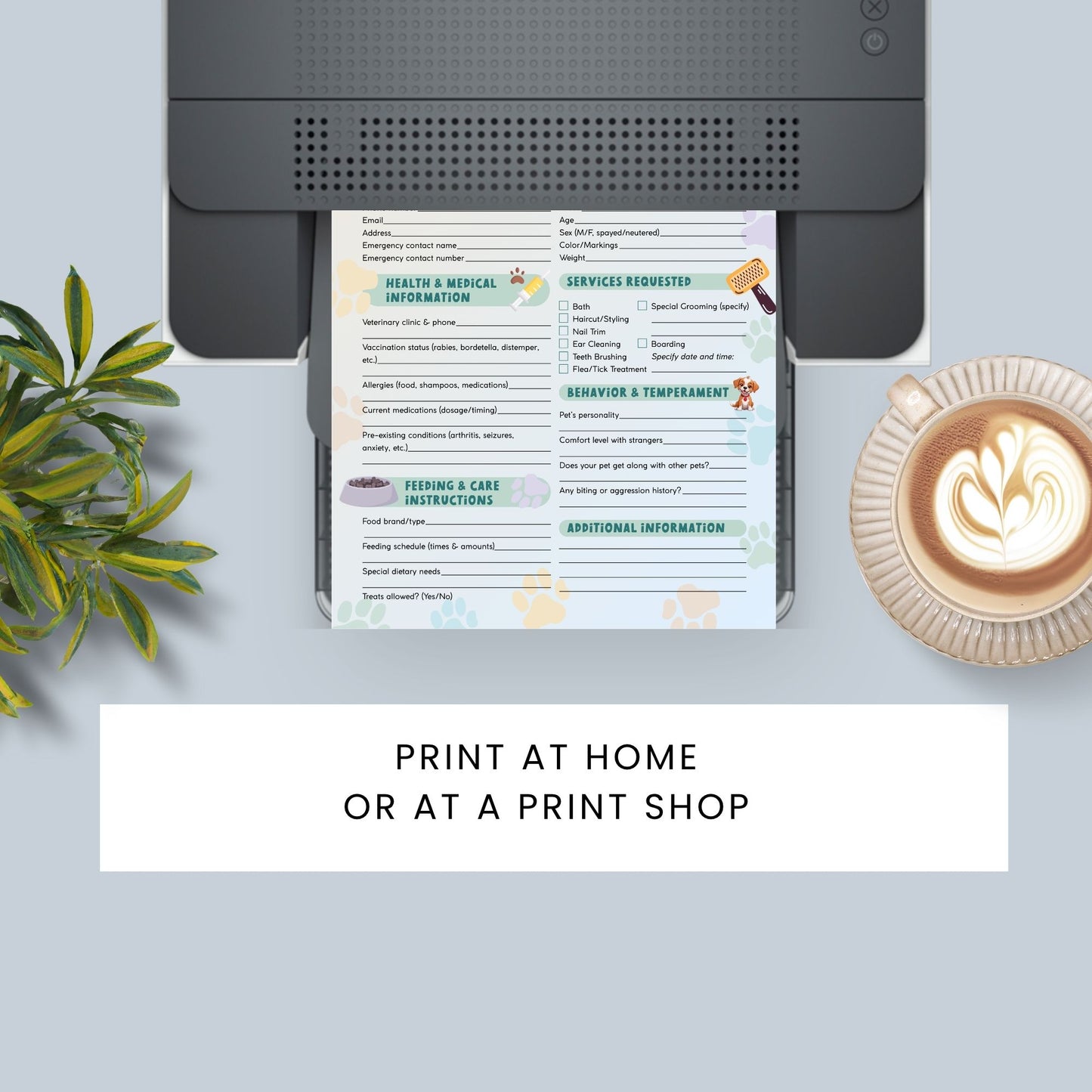 Printed form on a desk with a printer, plant, and coffee cup.