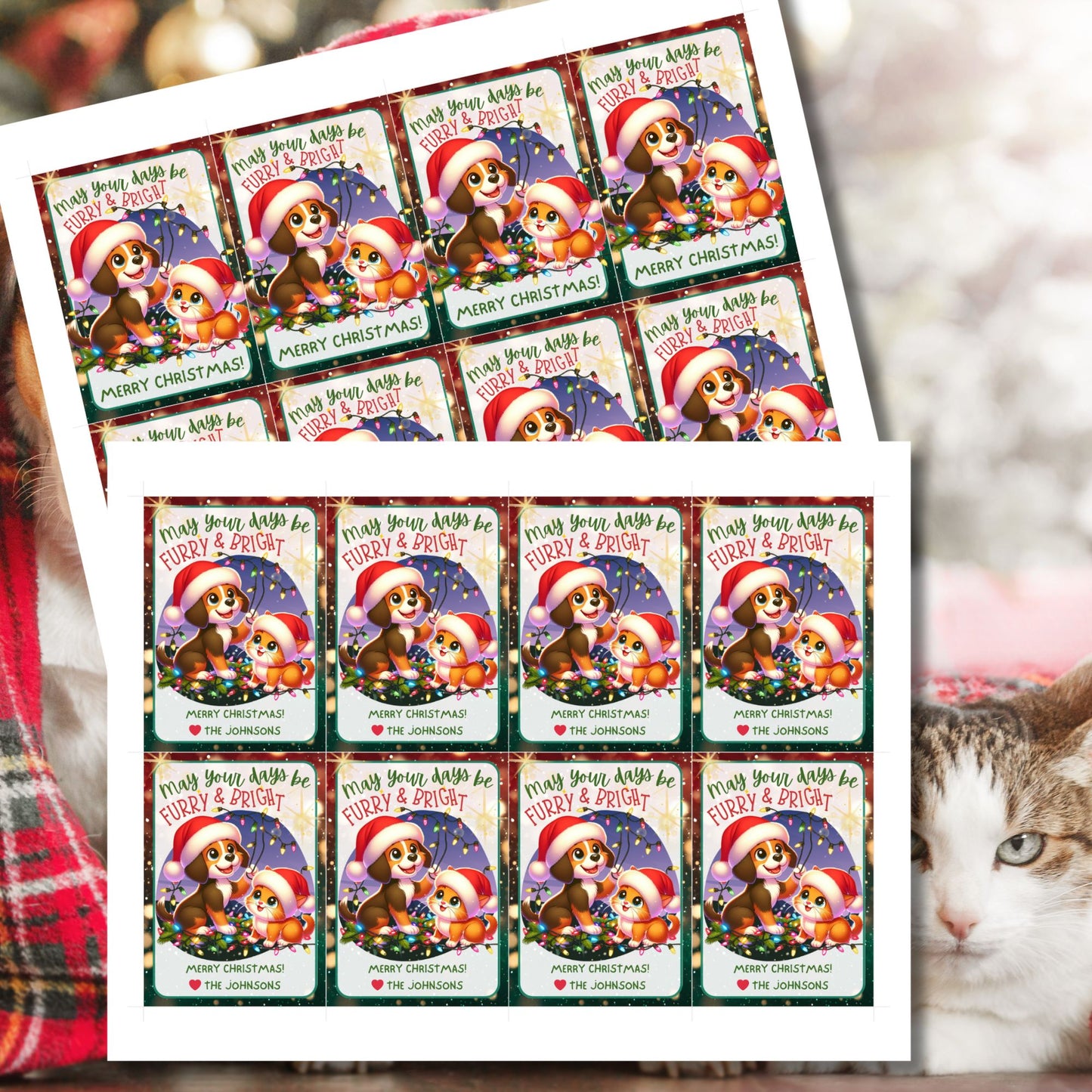 Christmas gift tags featuring a cute dog and cat in Santa hats, surrounded by festive holiday lights with the message "May Your Days Be Furry & Bright." These printable and editable tags are perfect for pet-themed holiday gifts.