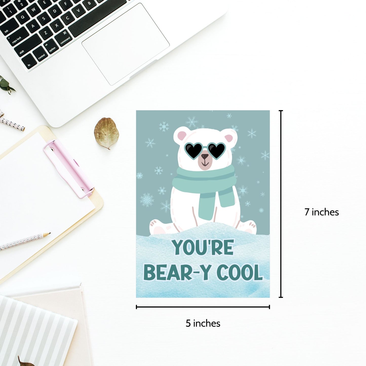 Printable Valentineās Day Greeting Card featuring the pun āYou're Beary Cool.ā Designed as a 5x7 PDF on an 8.5 x 11 sheet with two cards per page. A cute and fun Valentineās card for friends and animal lovers.