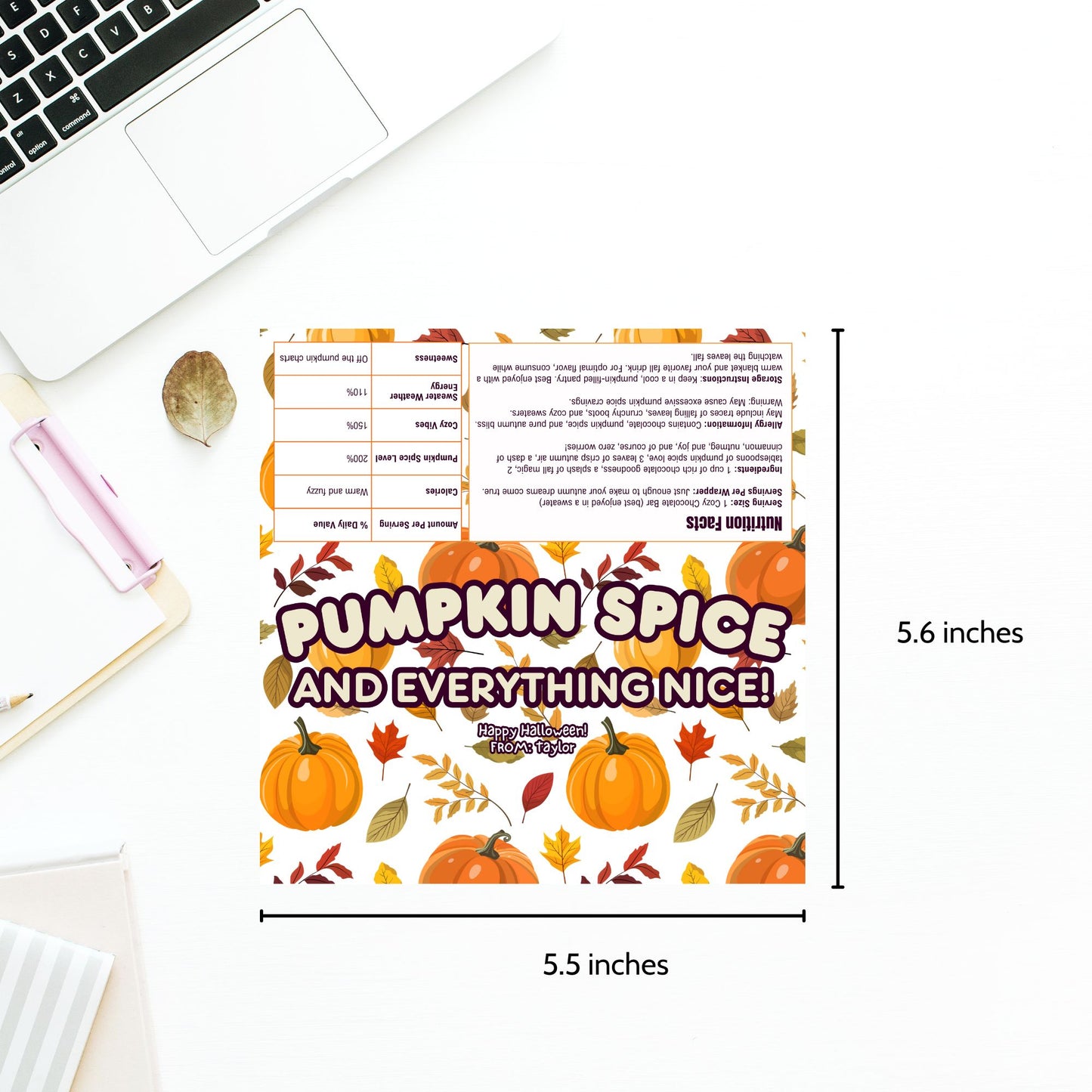 Printable and editable pumpkin-themed Halloween chocolate bar wrapper featuring pumpkins and fall leaves, perfect for Halloween and autumn-themed parties.