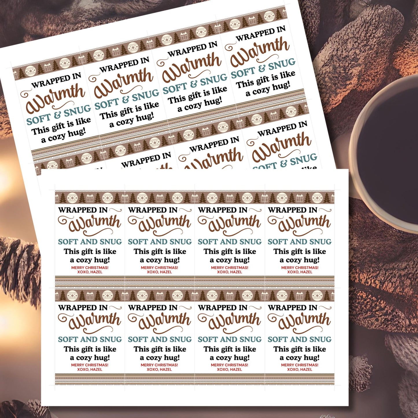 Printable "Wrapped in Warmth" gift tags designed for blankets and cozy gifts. Perfect for personalized or homemade blankets. Includes printable PDF and editable Canva template.