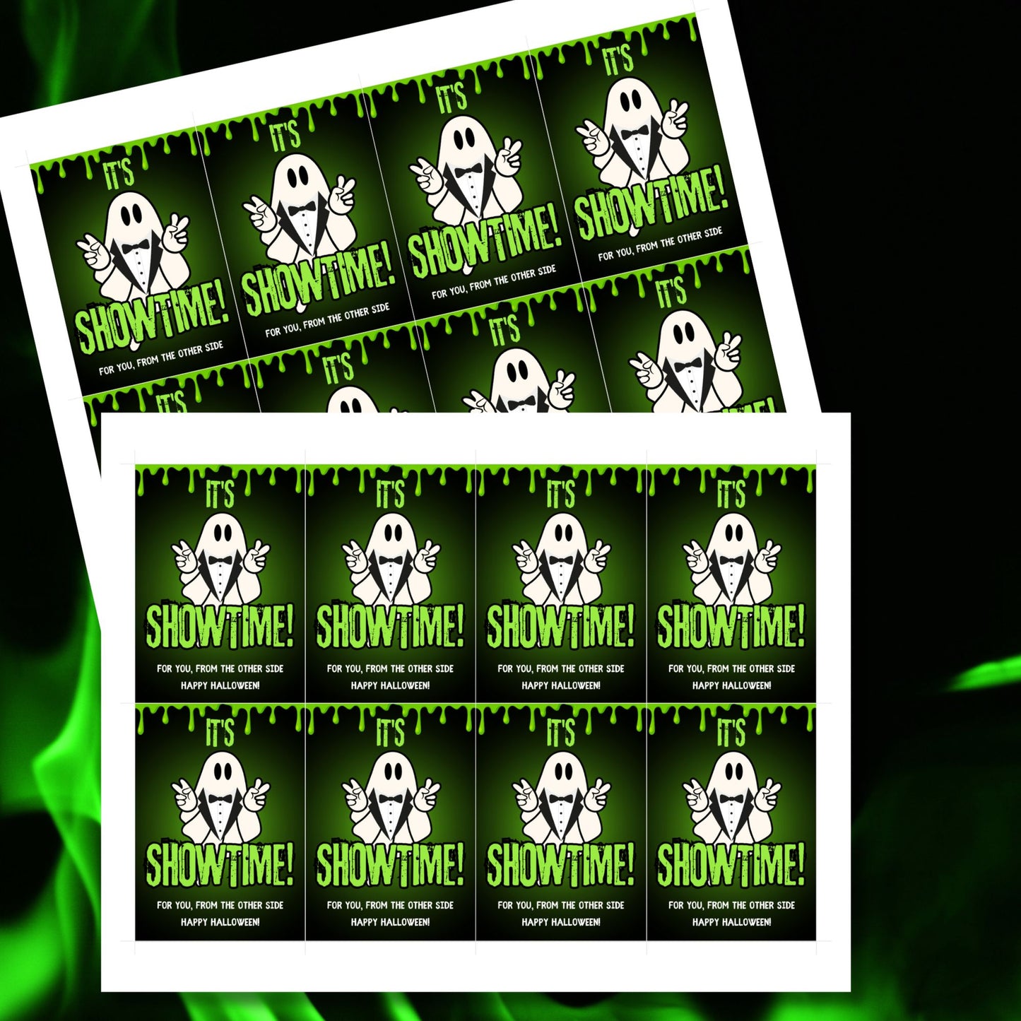 Halloween gift tag design inspired by Beetlejuice with the phrase "It's Showtime!" featuring a ghost in a tuxedo on a green dripping goo background. Sized at 2.5 x 3.5 inches, these tags are laid out 8 per sheet, perfect for dressing up Halloween treats.