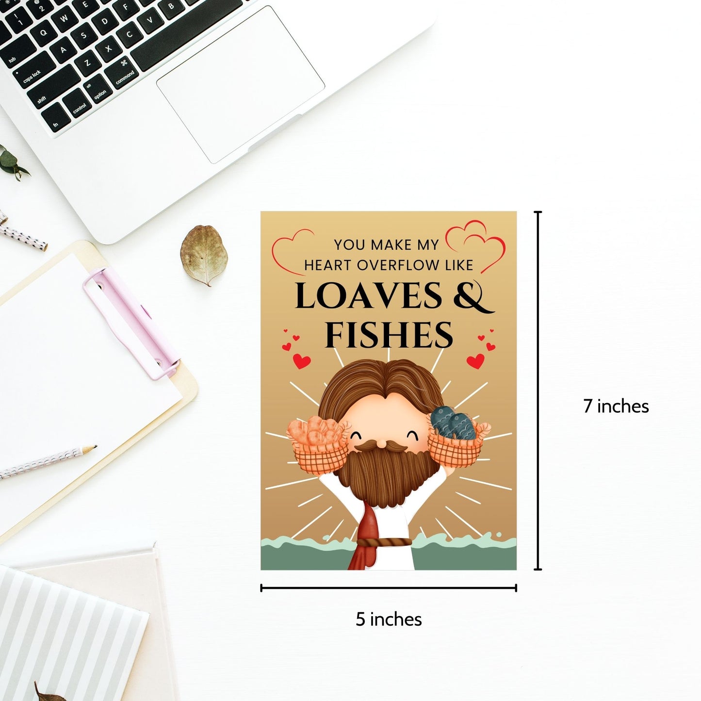 A beautiful Christian printable Valentine’s Day card featuring the message “You Make My Heart Overflow Like Loaves and Fishes”, inspired by Jesus’ miracle of abundance. Available as a 5x7-inch PDF and an 8.5 x 11 sheet with two cards per page. Perfect for faith-based Valentine’s gifts, church groups, and religious occasions.