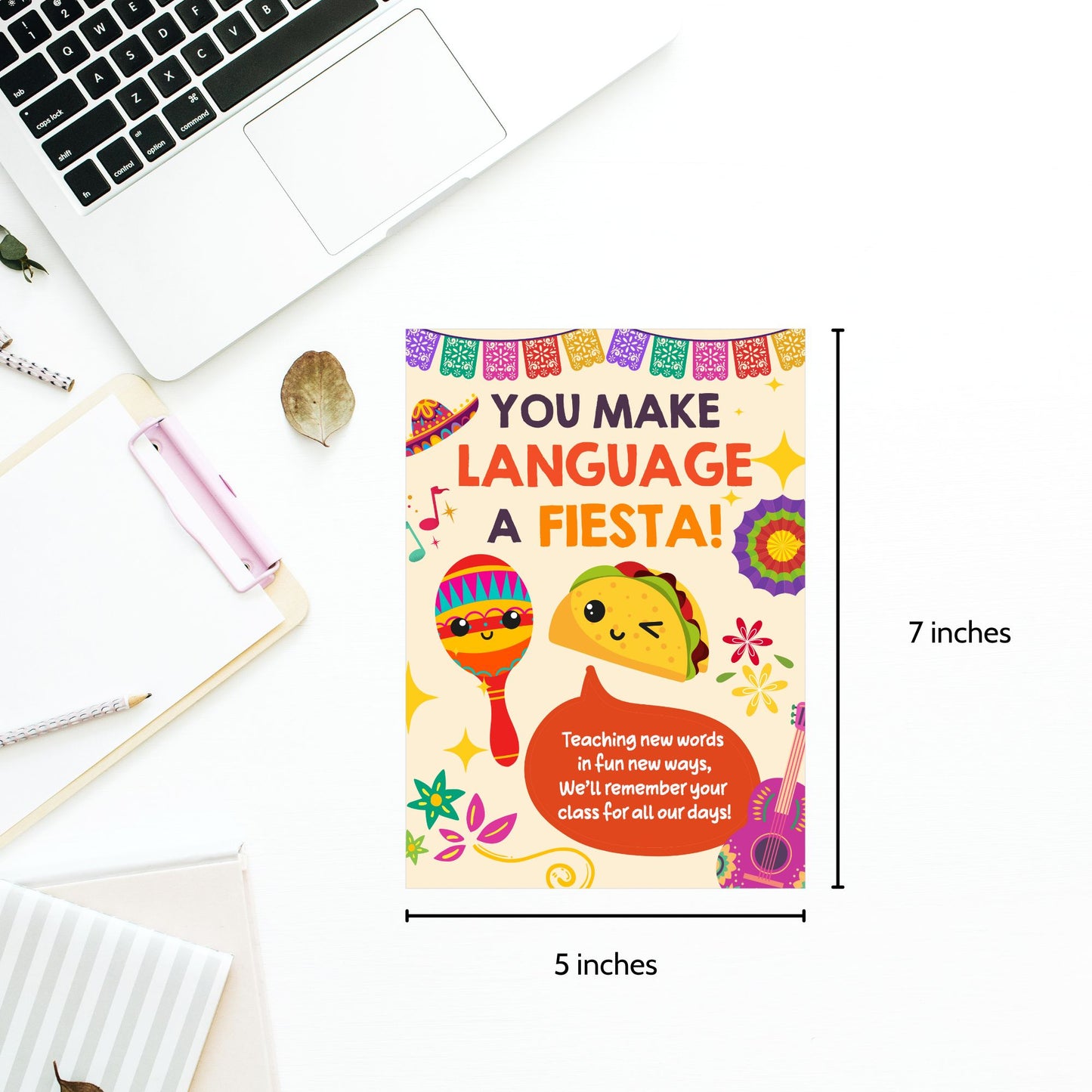 Printable teacher card reading “You Make Language a Fiesta” – world language appreciation design, 5x7 digital download