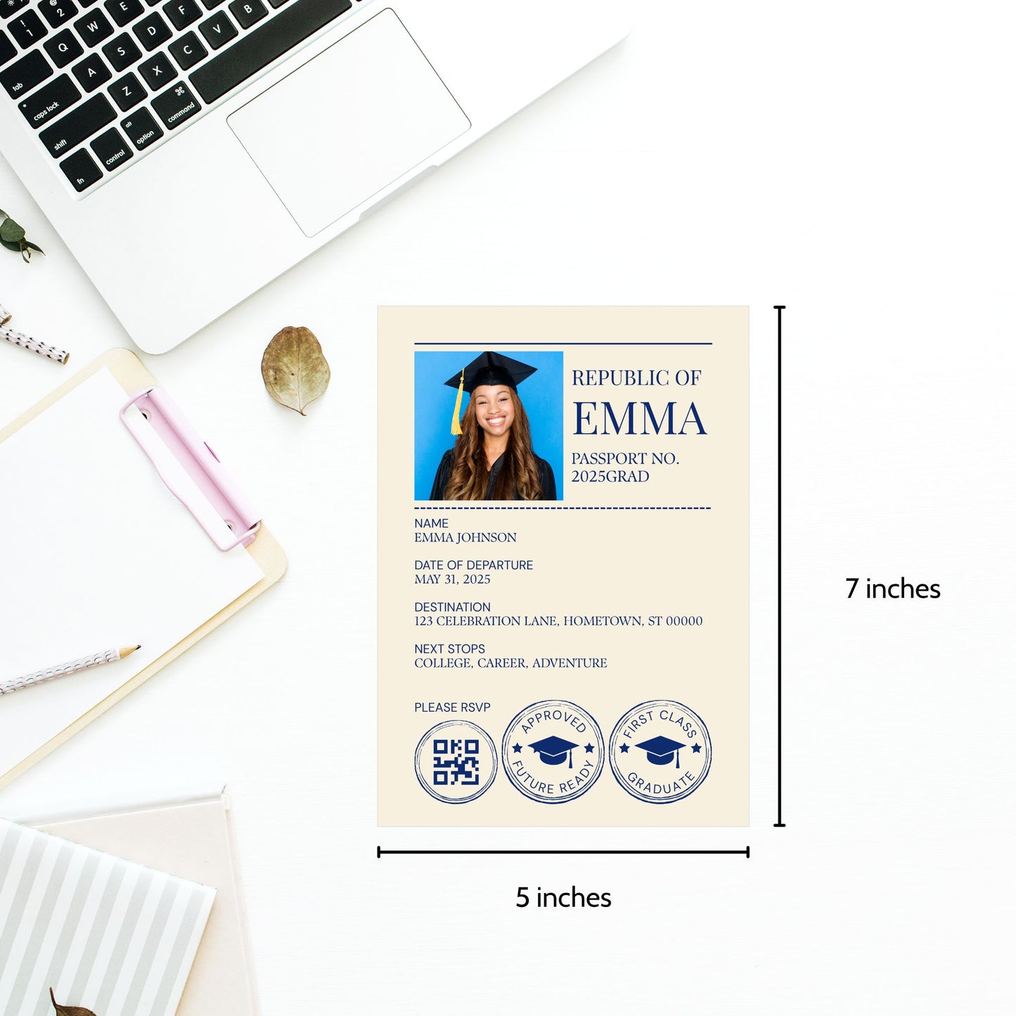 Double-sided editable passport-themed graduation invitation in navy and gold with photo ID layout on front and globe design on back, formatted for 5x7 inches.