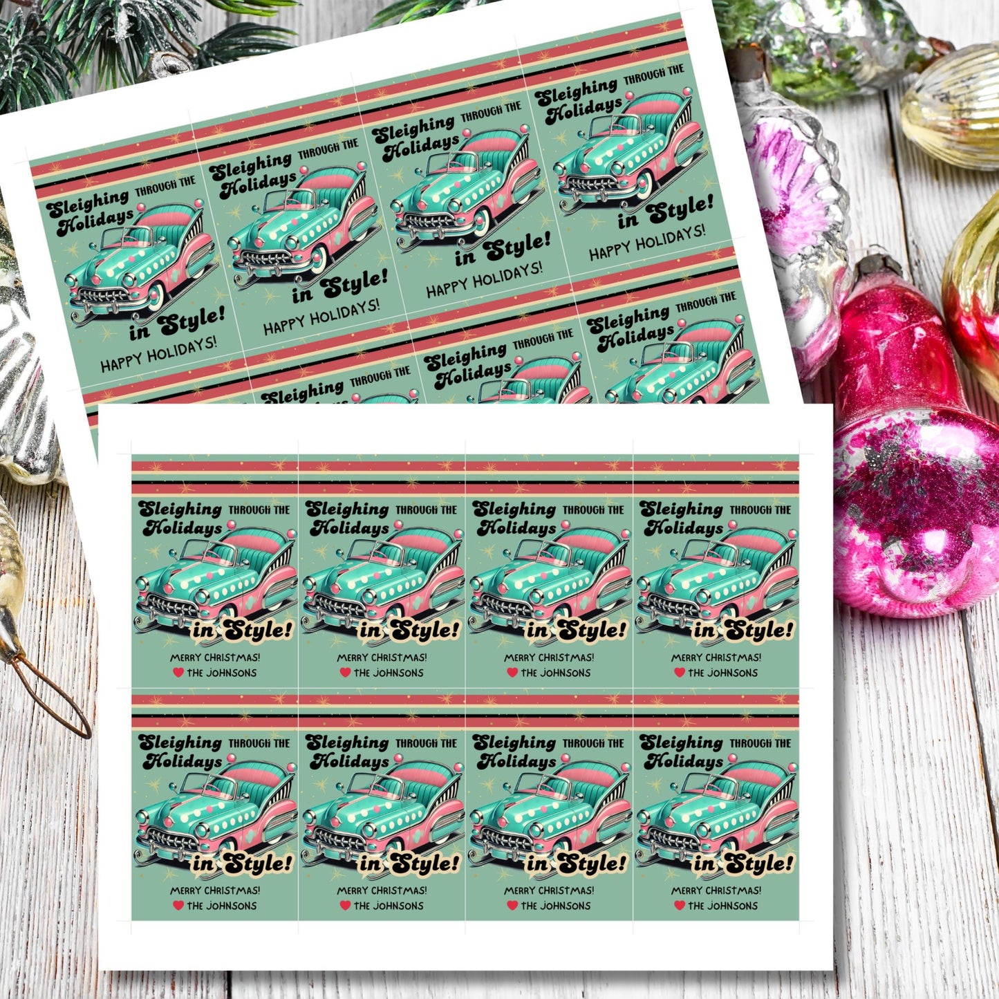 Retro-inspired Christmas gift tags featuring a vintage car with holiday decorations and the message "Sleighing Through the Holidays in Style!" These printable and editable tags add a nostalgic, stylish touch to holiday gifts.