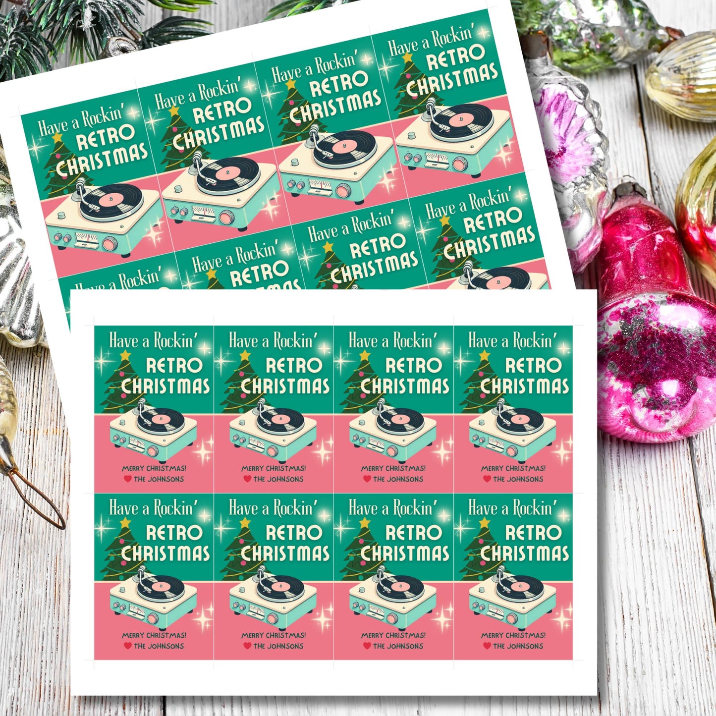 Retro Christmas gift tags featuring a vintage record player and festive Christmas tree, with the text "Have a Rockin' Retro Christmas." Editable and printable tags to add a nostalgic touch to holiday gifts.