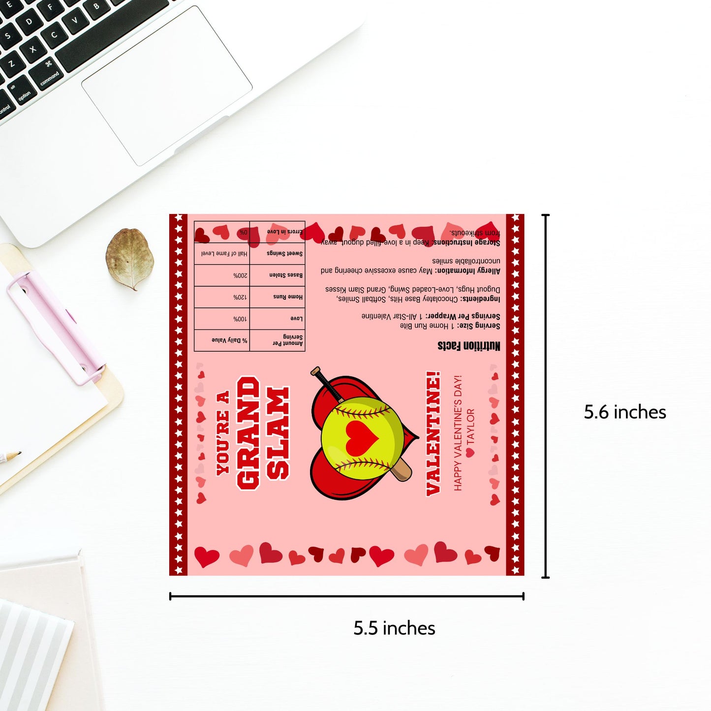 A softball-themed Valentineās Day chocolate bar wrapper featuring the phrase "You're a Grand Slam Valentine!" with a festive pink background, red hearts, a softball, and a bat. Perfect for teammates, coaches, and softball fans!