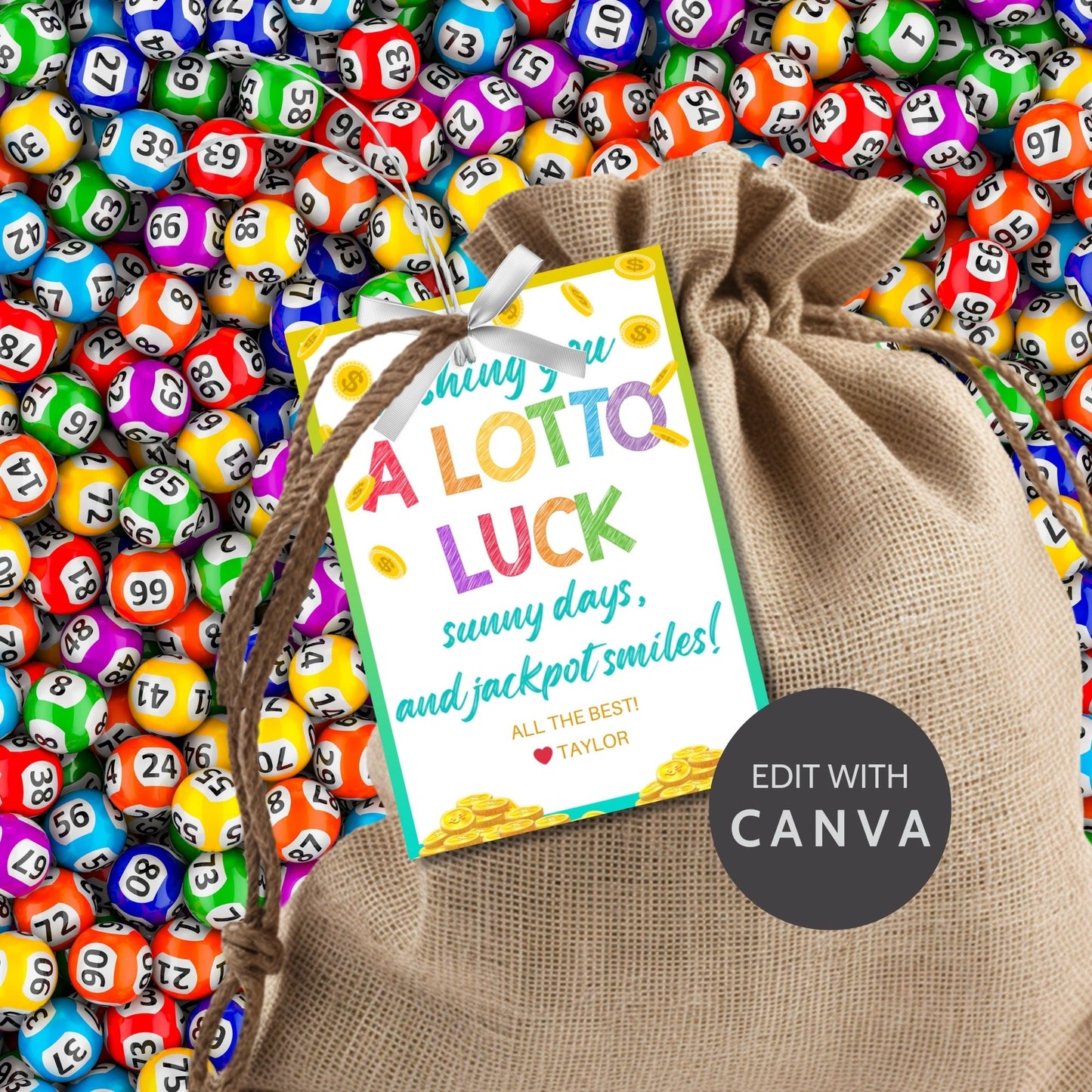 Colorful lotto-themed gift tags featuring a cheerful design with gold coins and the text "Wishing You A Lotto Luck, Sunny Days, and Jackpot Smiles! All the Best!" Personalize with names.
