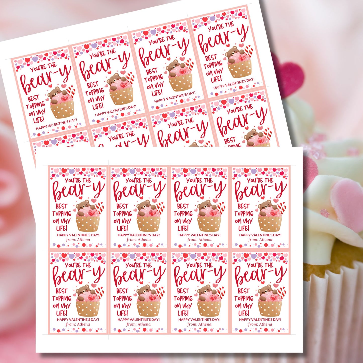 Printable and editable bear-themed Valentineās Day gift tags featuring a cute teddy bear inside a cupcake with the message "Youāre the Bear-y Best Topping on My Life!" Perfect for pairing with cupcakes, plush bears, and sweet treats.