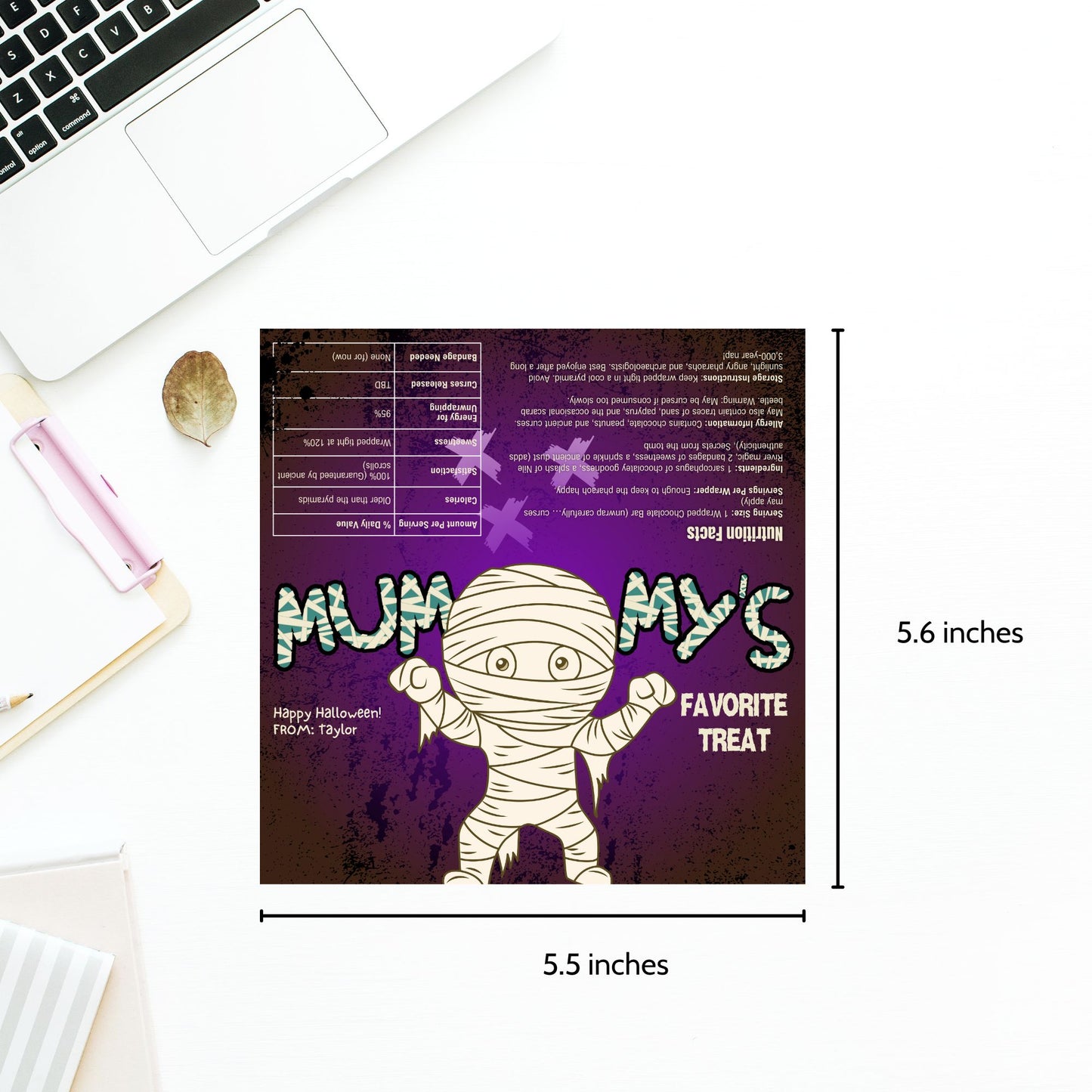Printable and editable Mummy-themed Halloween chocolate bar wrapper featuring a fun mummy character, perfect for trick-or-treat and Halloween parties.