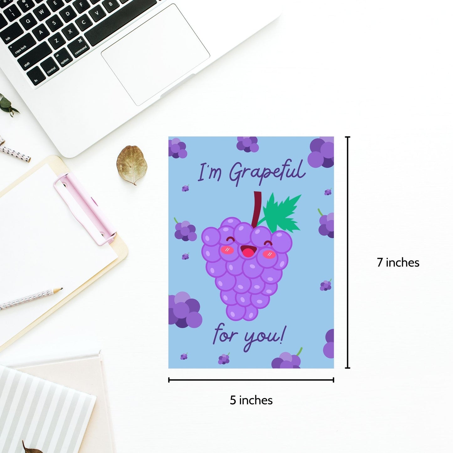 Printable Valentineās Day Greeting Card featuring the phrase āIām Grapeful for Youā with a grape theme. Designed as a 5x7 PDF on an 8.5 x 11 sheet with two cards per page. A sweet and punny Valentineās card for loved ones.
