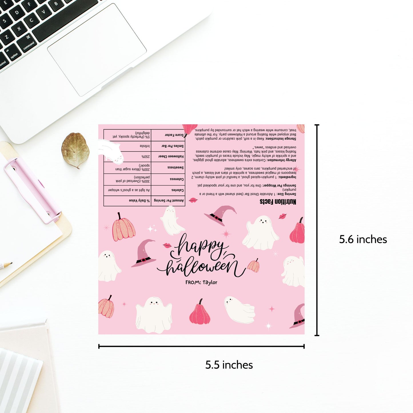 Printable and editable pastel pink Halloween chocolate bar wrapper featuring cute ghosts, pumpkins, and witch hats, perfect for a sweet and spooky Halloween.