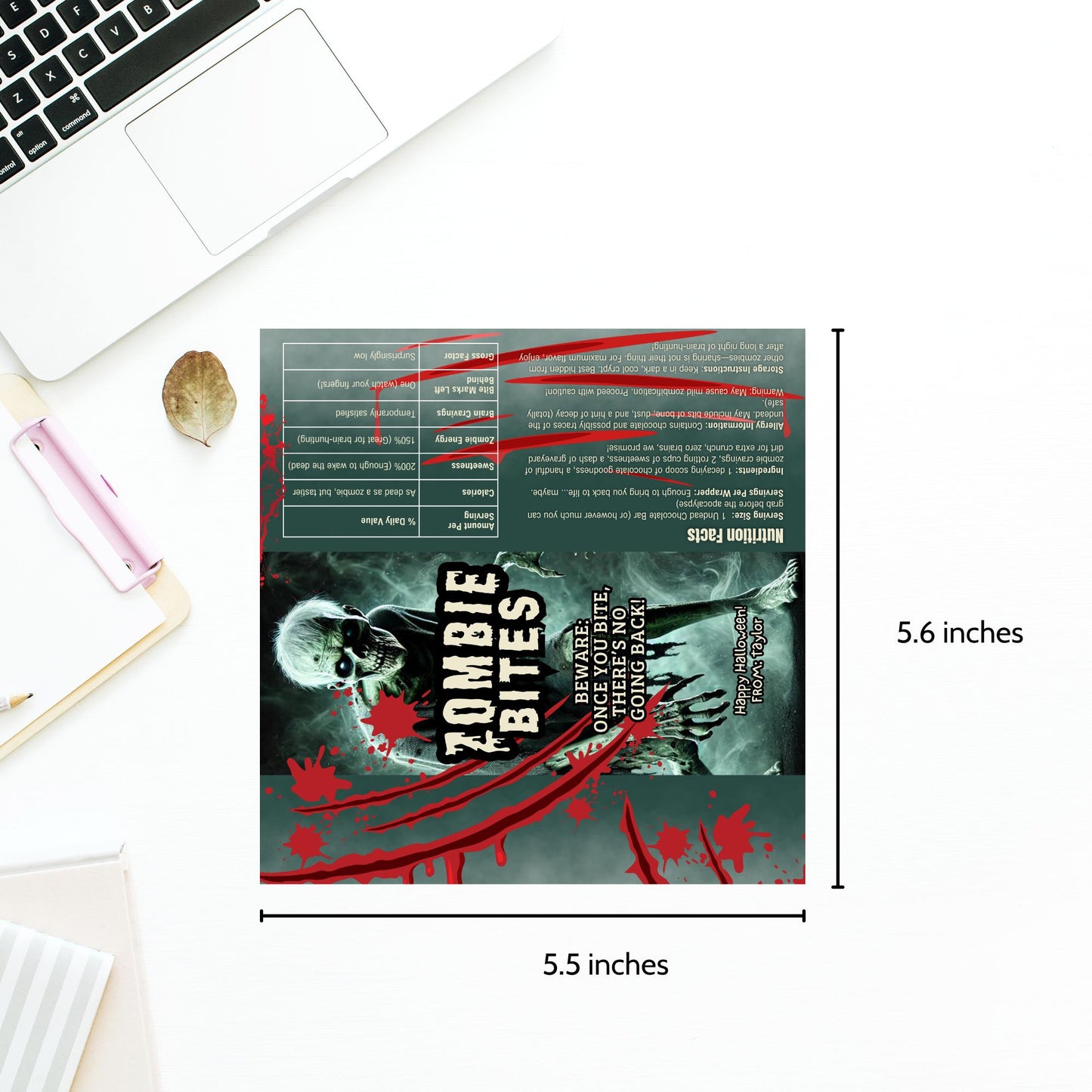 Printable and editable zombie-themed Halloween chocolate bar wrapper featuring a scary zombie design, perfect for trick-or-treat and spooky parties.