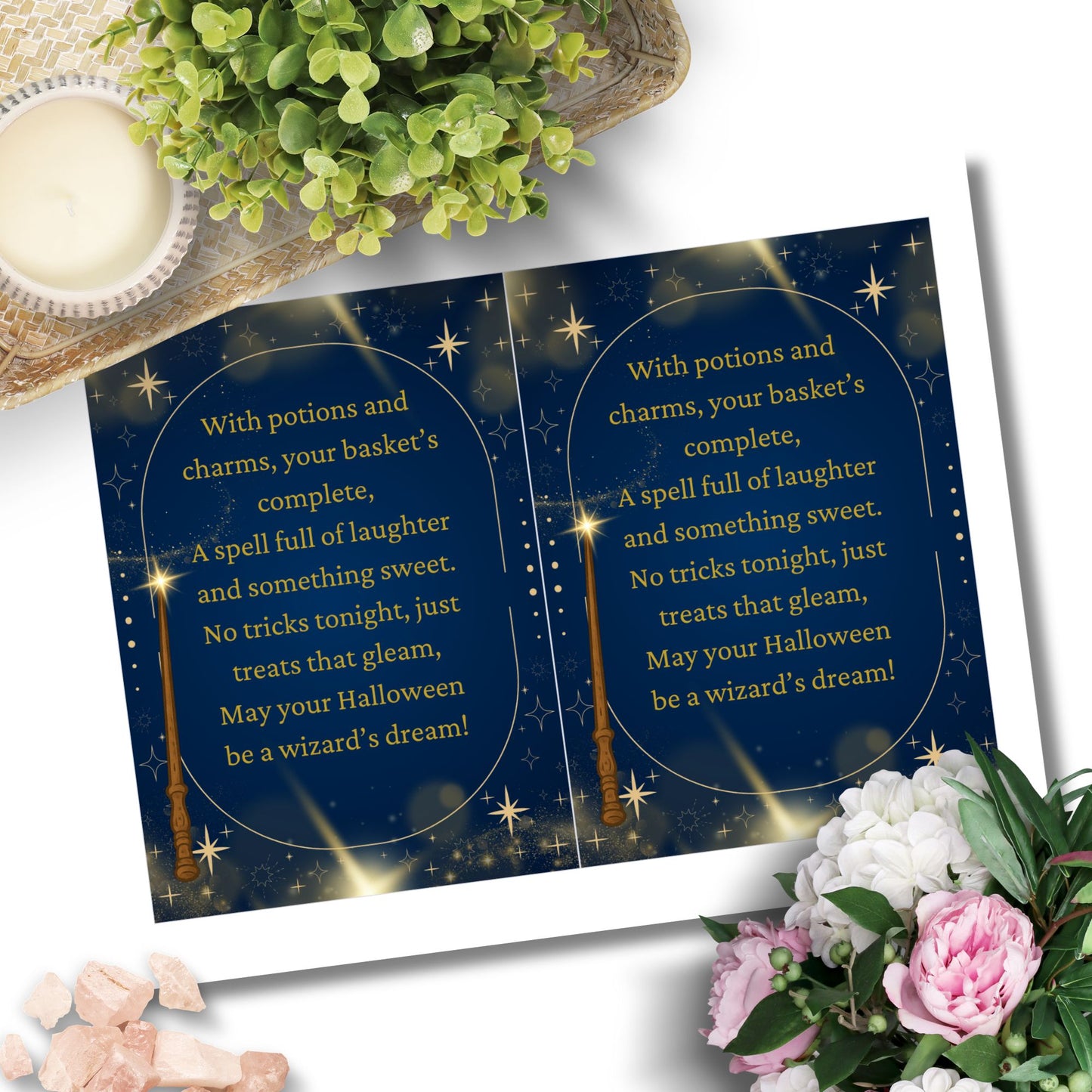 Halloween-themed card with text and decorative elements on a white background