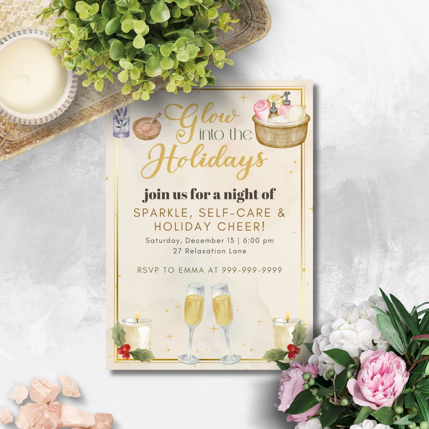 Invitation card for a holiday event with champagne glasses, candles, and flowers on a decorative background.