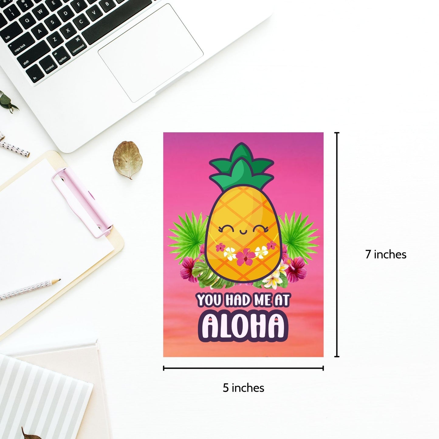Printable Valentineās Day Greeting Card featuring the phrase āYou Had Me at Alohaā with a tropical theme. Designed as a 5x7 PDF on an 8.5 x 11 sheet with two cards per page. A fun and sunny Valentineās card for loved ones.