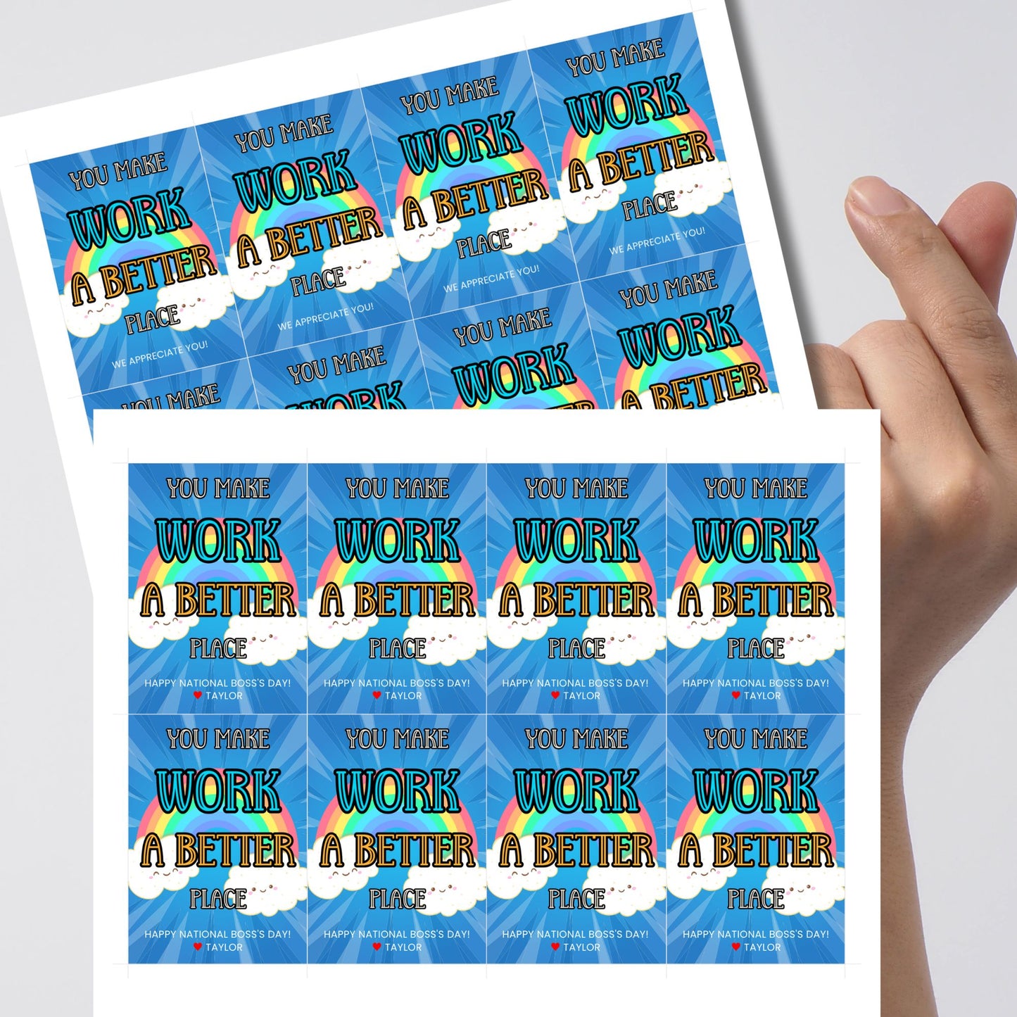 Editable National Boss's Day gift tags featuring a colorful rainbow and the message "You Make Work A Better Place." Each tag is 2.5 x 3.5 inches, 8 per sheet, with room for personalization.