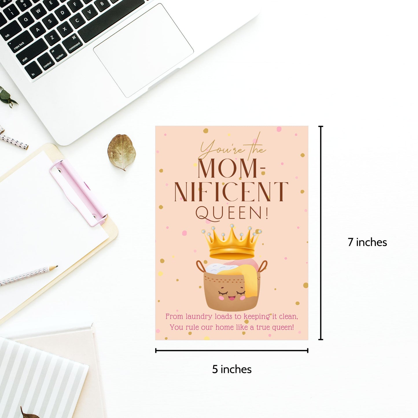 Printable 5x7 Mother's Day card with a crown illustration and the phrase “You’re the Momnificent Queen,” styled with regal, elegant design and bright colors, available as an instant download PDF.