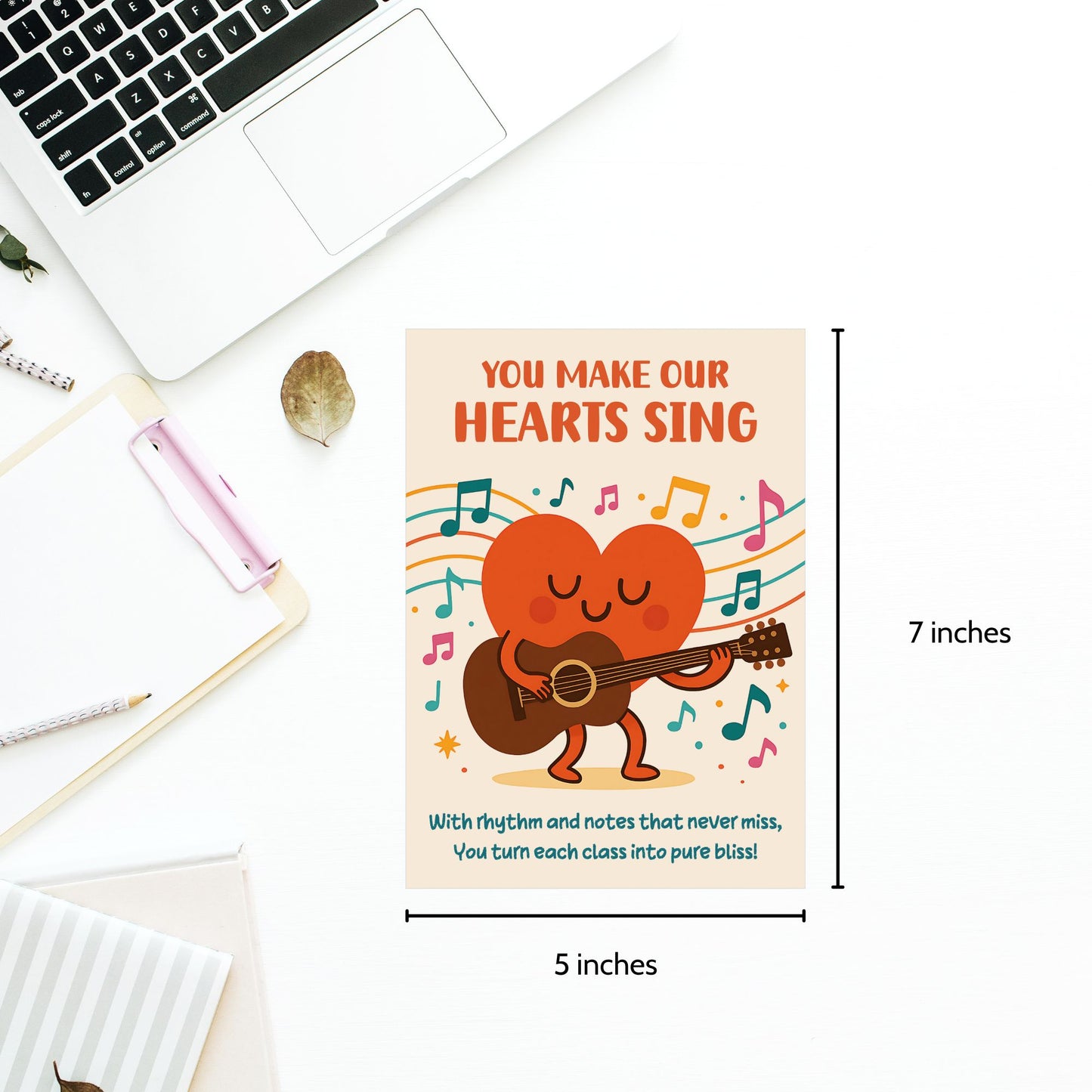Printable music-themed teacher appreciation card with the phrase “You Make Our Hearts Sing” – 5x7 digital download