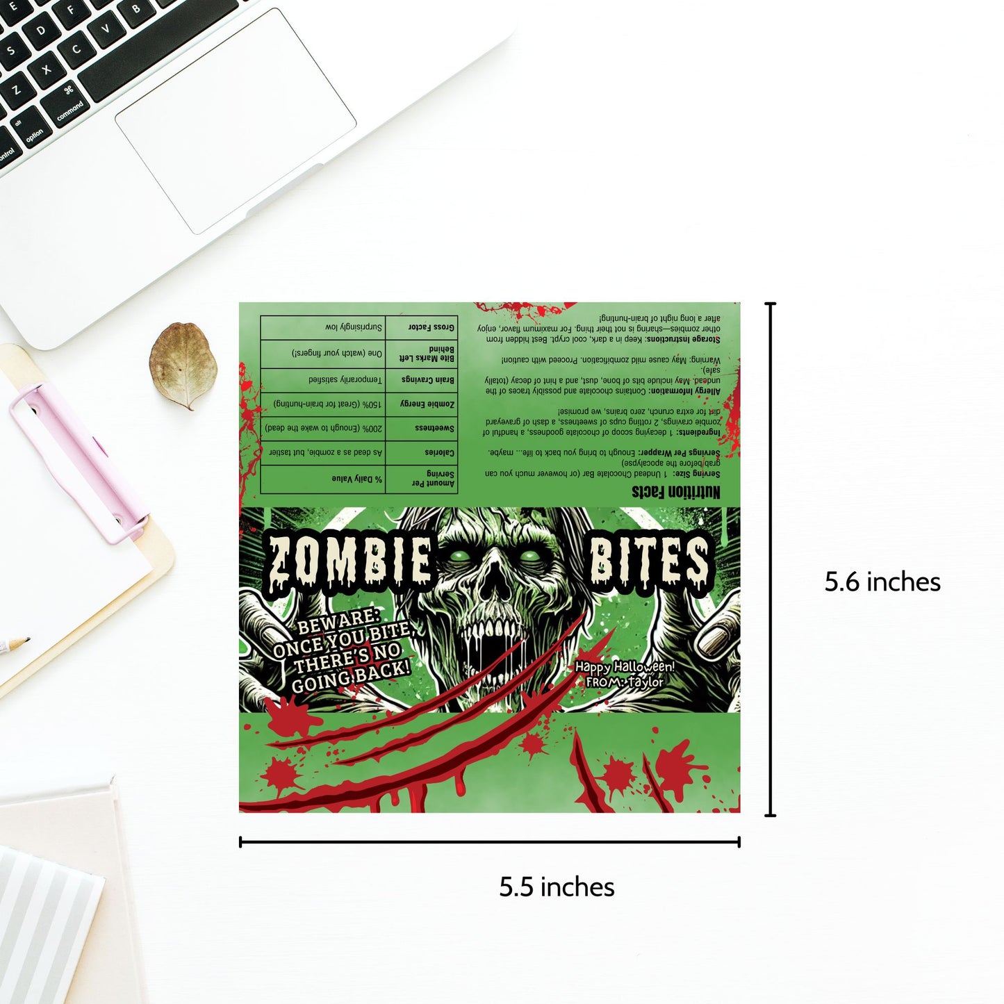 Printable and editable zombie-themed Halloween chocolate bar wrapper featuring a scary zombie design, perfect for trick-or-treat and spooky parties.