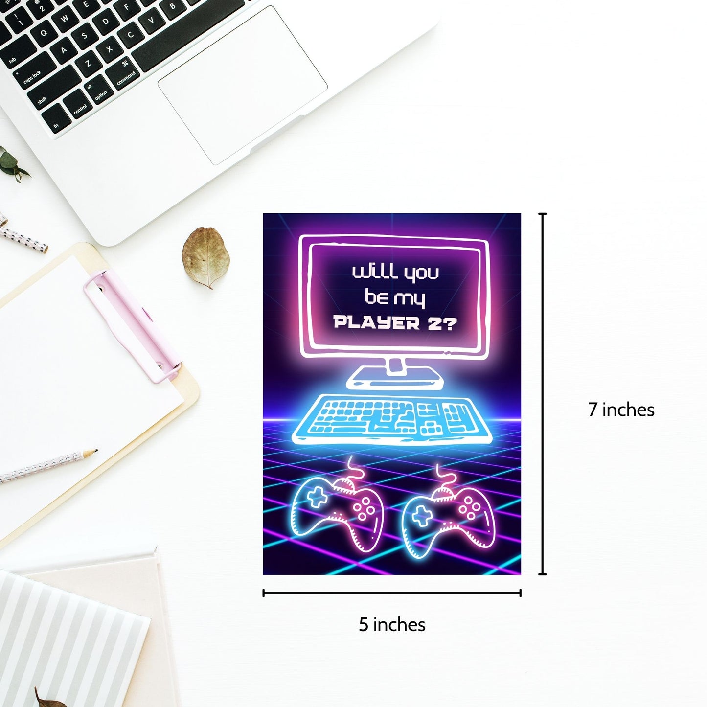 Printable Valentineās Day Greeting Card with the message āWill You Be My Player 2?ā Designed as a 5x7 PDF on an 8.5 x 11 sheet with two cards per page. A fun and geeky Valentineās card for gamers and couples.