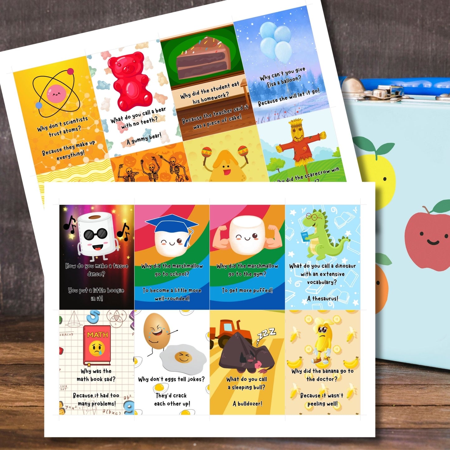 A collection of 16 colorful and funny printable lunch box notes with jokes, perfect for adding humor to a child's lunchtime.