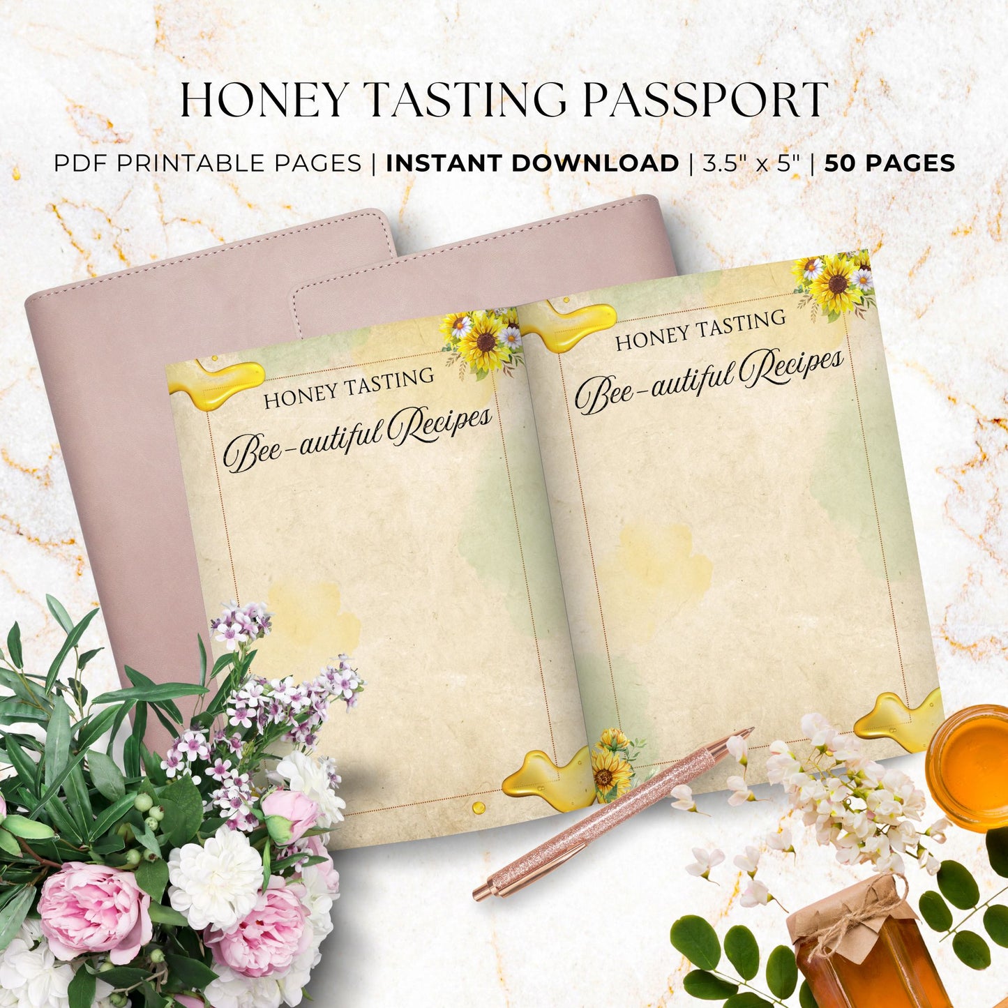 Vintage-style Honey Tasting Passport printable with elegant bees, honeycombs, and rustic honey jars, designed for noting honey-tasting experiences.