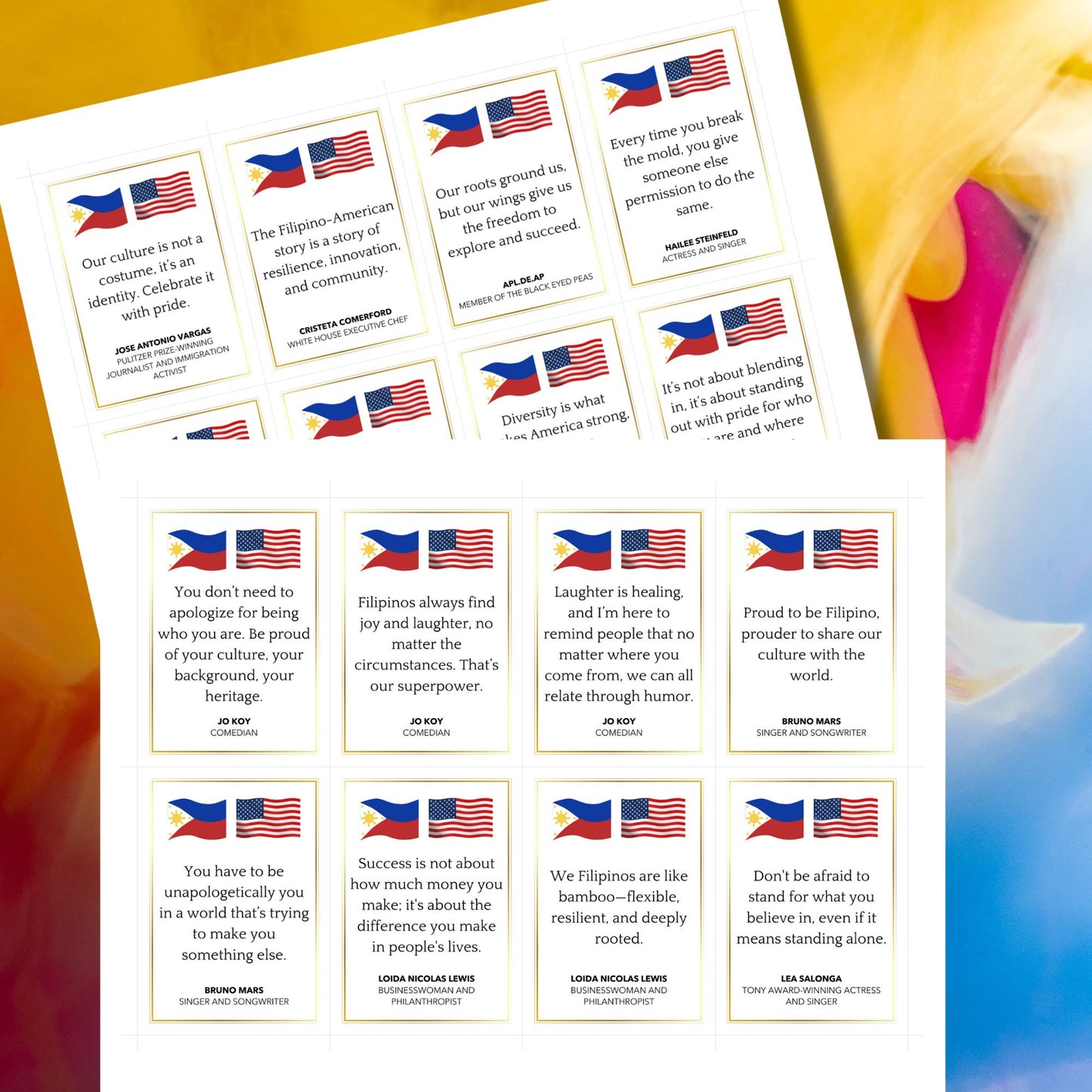 A set of 16 printable and editable Filipino-American Heritage Month gift tags featuring quotes from influential Filipino-Americans. The tags are 2.5 x 3.5 inches, displayed on an 8.5 x 11-inch layout, celebrating culture and pride.