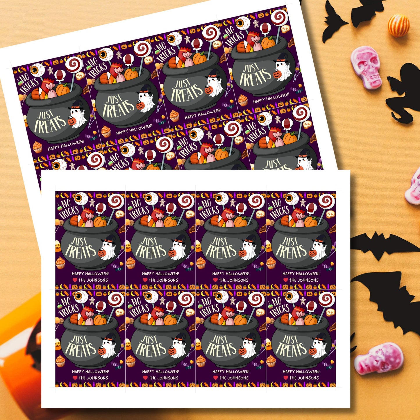 Halloween-themed printable gift tags with the message "No Tricks, Just Treats" featuring a cauldron filled with Halloween candies and treats. Tags are 2.5 x 3.5 inches, laid out 8 per sheet on a standard 8.5 x 11-inch page. Includes a printable PDF and a PDF with a link to an editable Canva template.