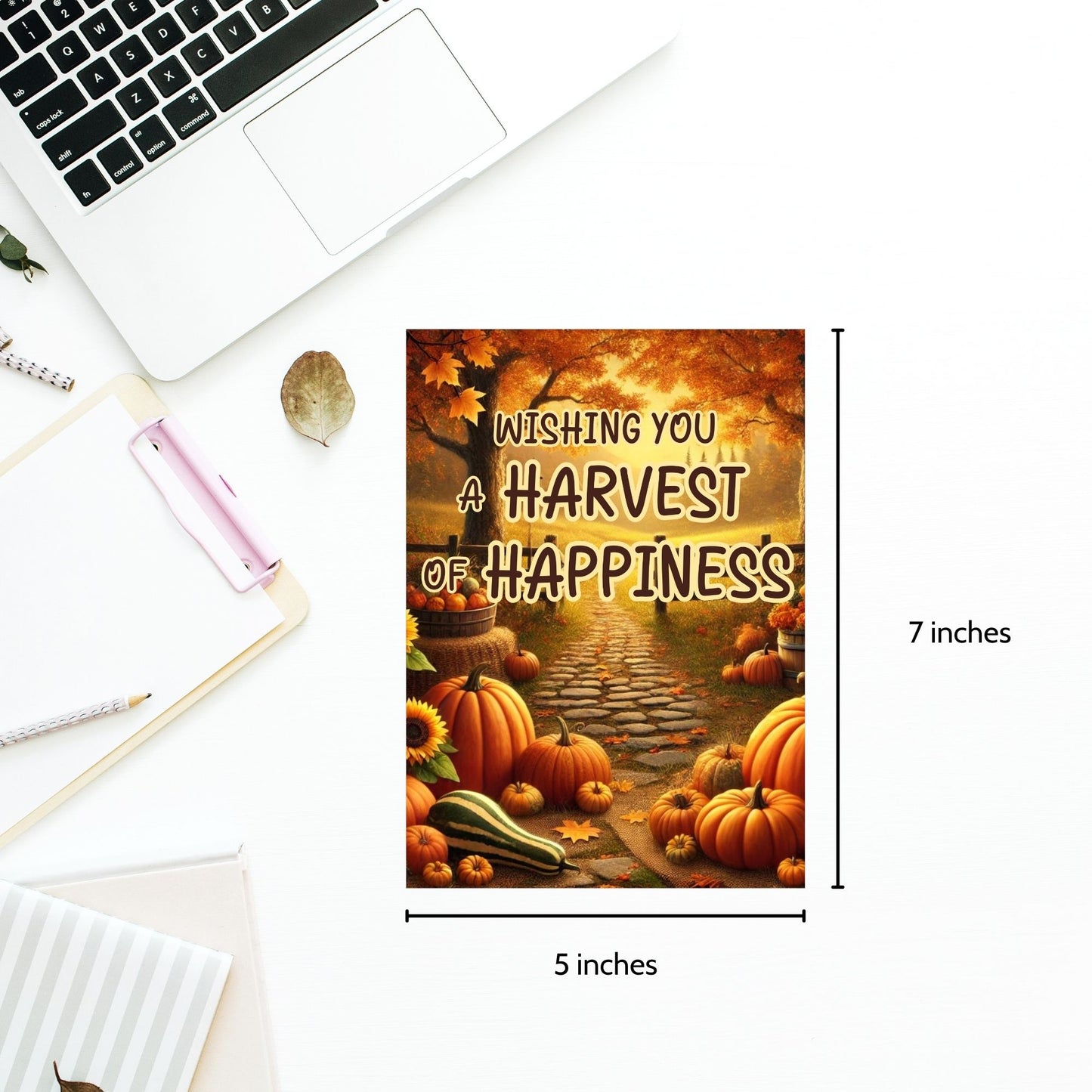 Printable Fall Greeting Card featuring pumpkins and autumn leaves with the message 'Wishing You a Harvest of Happiness,' perfect for seasonal greetings.