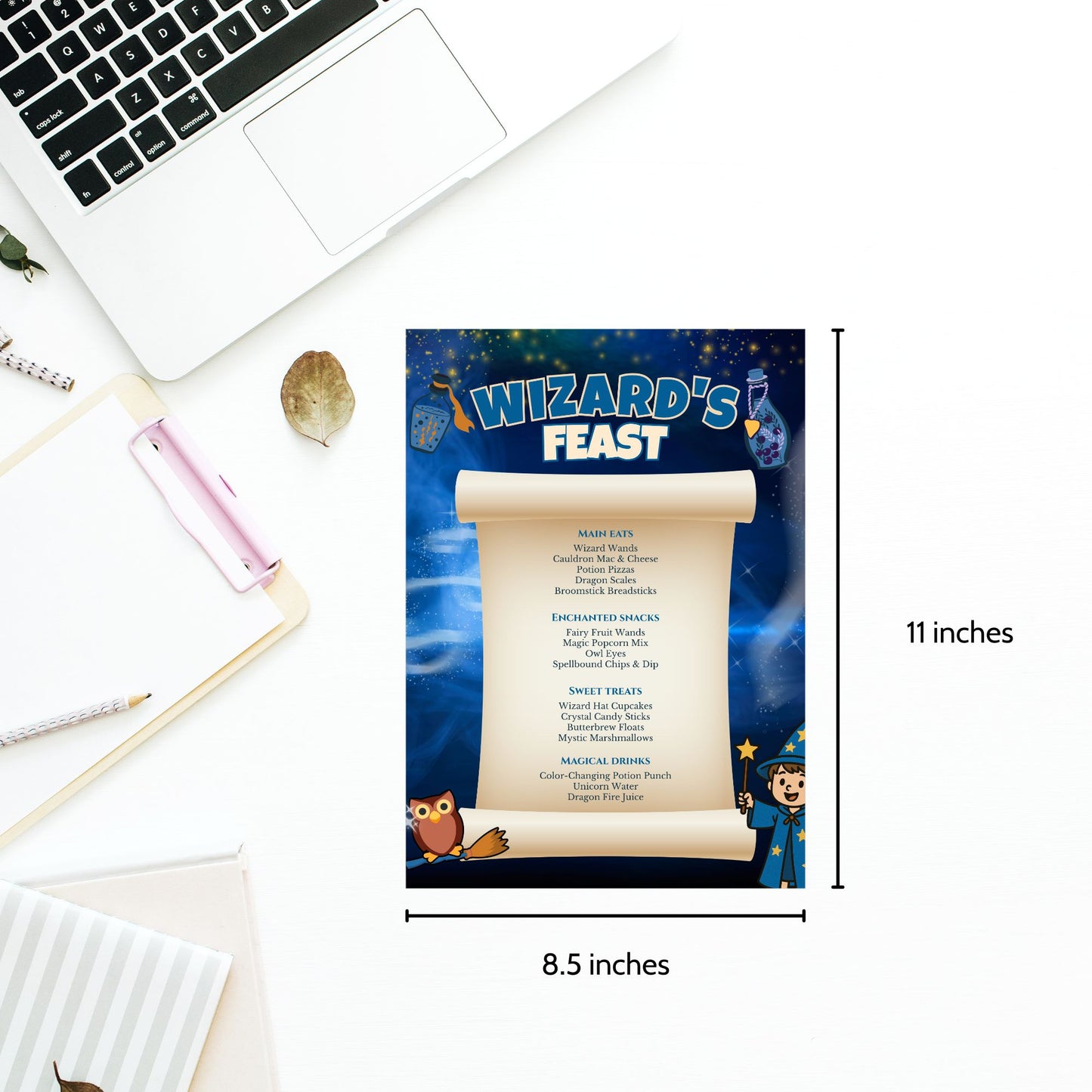 Editable Wizard Feast Party Menu with magical food names like Potion Pizzas, Owl Eyes, and Unicorn Water – 8.5x11 printable for fantasy-themed celebrations.