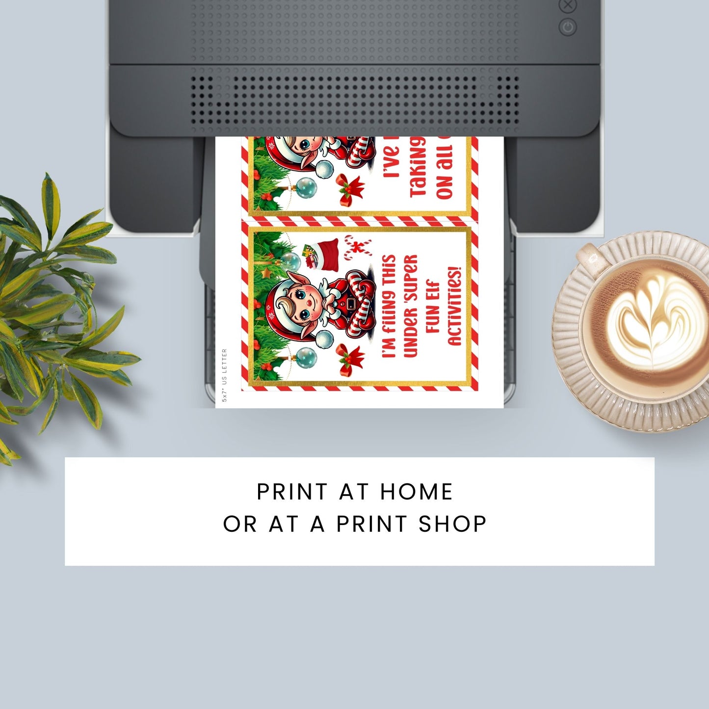 A collection of festive 5x7 office-themed Elf on the Shelf cards featuring a cute elf with sayings like “I’m the new CEO – Chief Elf Officer!” and office-specific placement ideas.