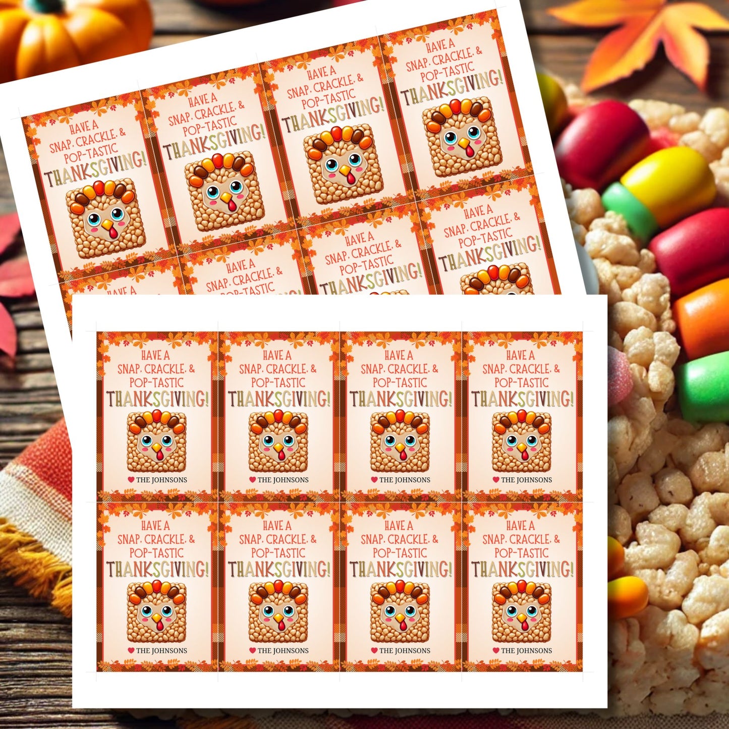 Printable Thanksgiving gift tags with a Rice Krispie turkey illustration and the message 'Have a Snap, Crackle, & Pop-tastic Thanksgiving!' surrounded by a festive fall border. Perfect for holiday treats and gifts.