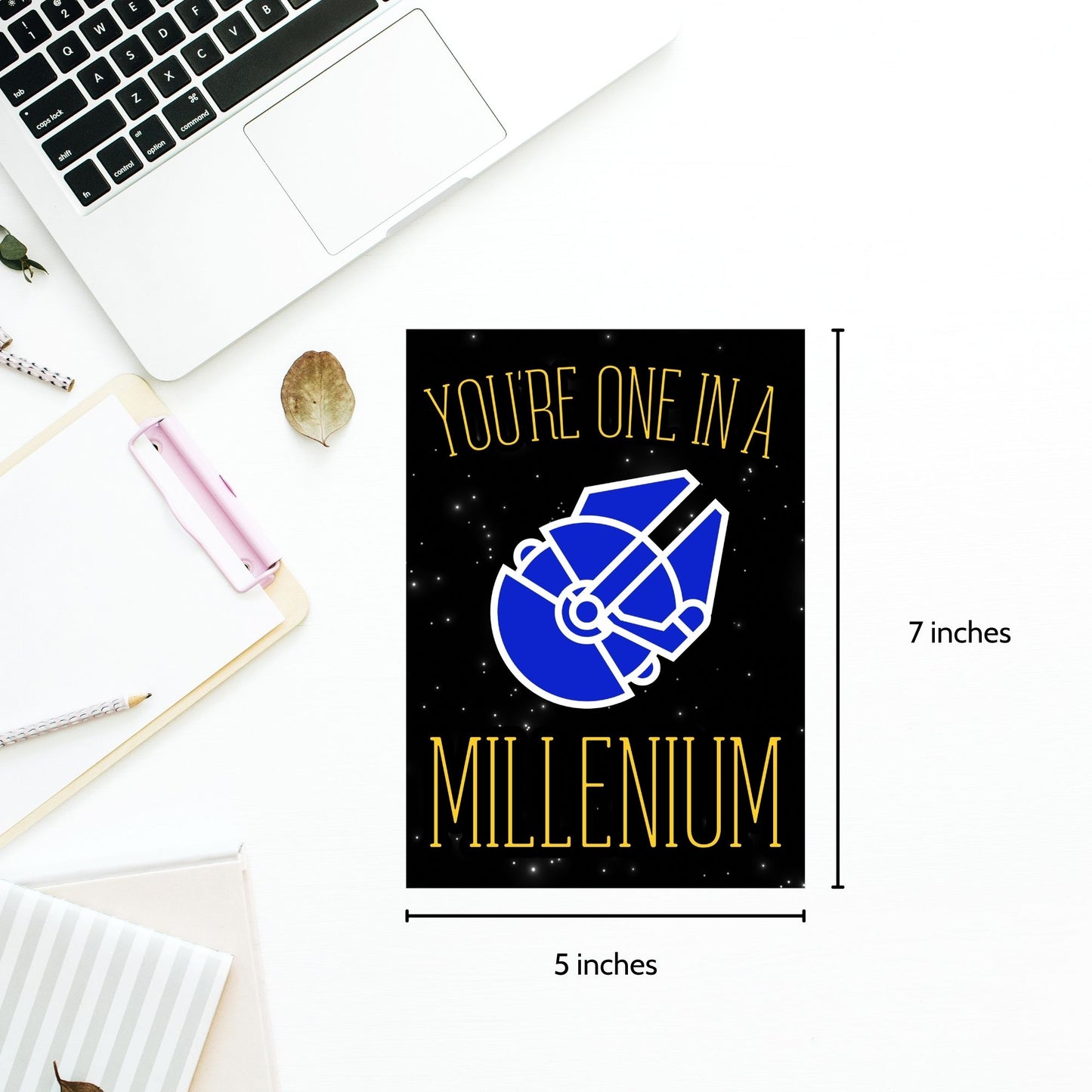 Printable Valentineās Day Greeting Card featuring the pun āYou're One in a Millennium.ā Designed as a 5x7 PDF on an 8.5 x 11 sheet with two cards per page. A perfect Valentineās card for sci-fi and space lovers.