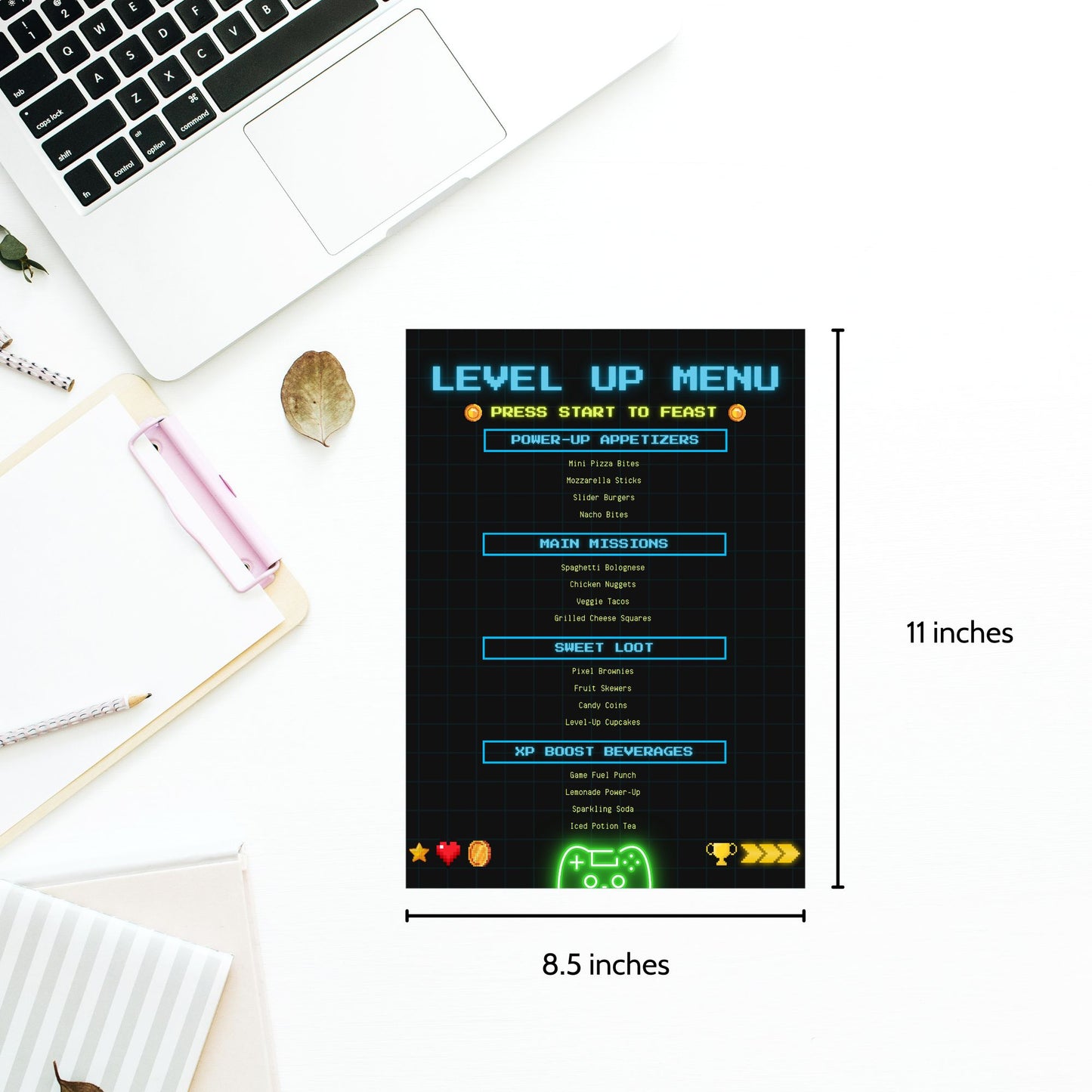 Editable video game-themed menu titled “Level Up Menu” with categories like Power-Up Appetizers, Main Missions, and XP Boost Beverages. Canva template sized 8.5 x 11 inches.