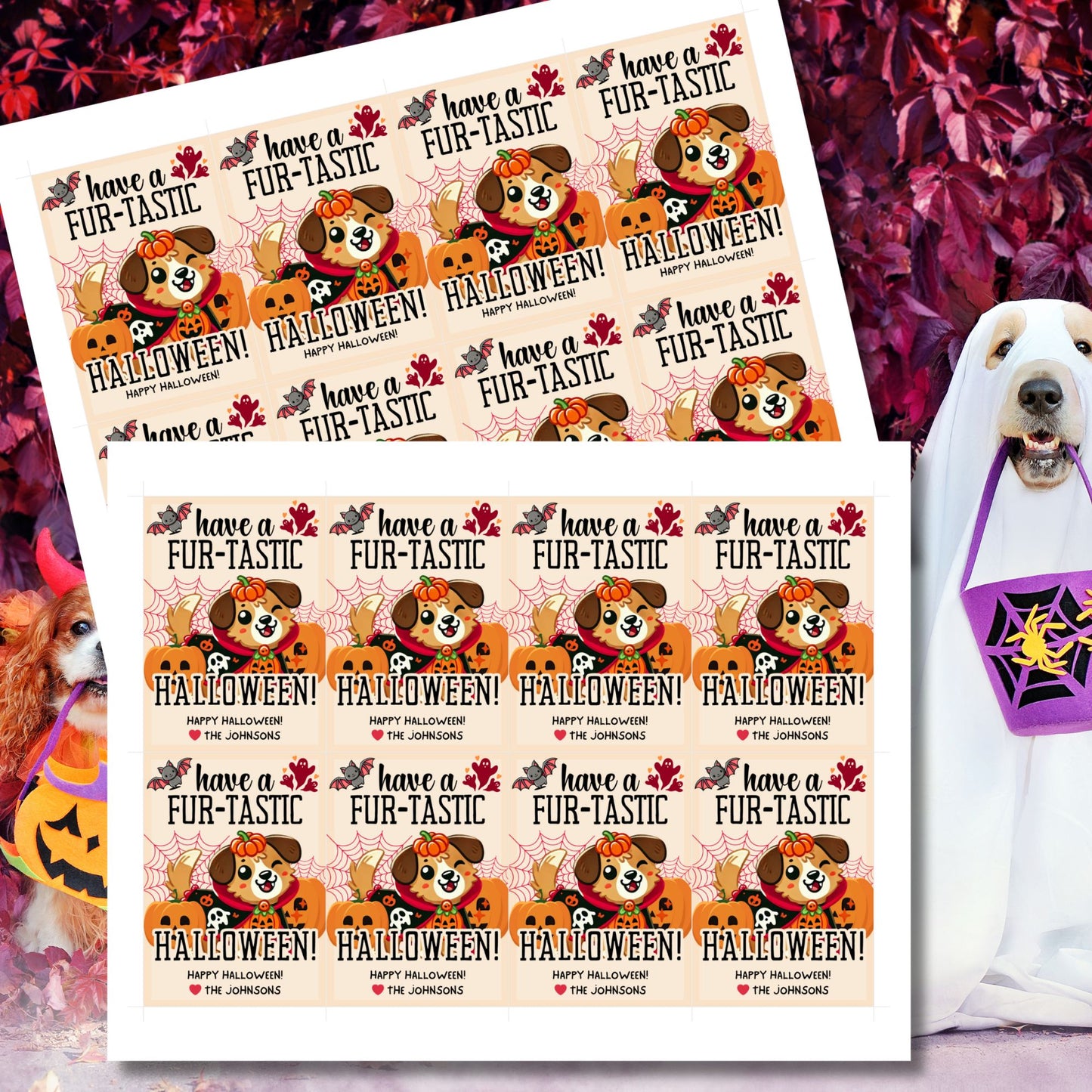 Printable dog-themed Halloween gift tags with the message "Have a Fur-Tastic Halloween!" featuring a cute dog in a pumpkin costume, bats, and pumpkins. The tags are 2.5 x 3.5 inches, laid out 8 per sheet on an 8.5 x 11-inch page. Includes a printable PDF and a link to an editable Canva template.